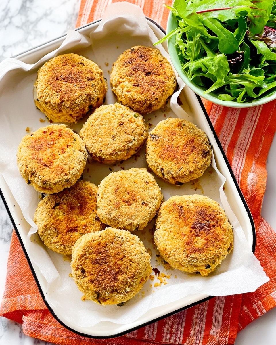 The image shows eight golden-brown patties with a rough, crumbly texture placed on white parchment paper inside a white tray with a black rim. The patties are round, slightly uneven in shape, and have a crispy, baked appearance. To the right of the tray, there is a white bowl filled with fresh green leafy salad, set on an orange and white striped cloth. The background is a white marbled surface, adding brightness to the scene. The photo taken with an iphone --ar 4:5 --v 7