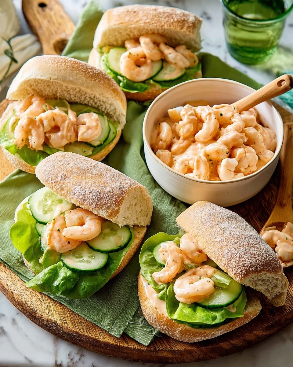 Four shrimp rolls sit on a round wooden board over green paper napkins, each roll made of a soft bun with a dusting of flour on the outside. Inside each bun, there is a layer of fresh green lettuce leaves, followed by thin slices of cucumber, and topped with a generous amount of small pink shrimp in a creamy light orange sauce. At the center of the board, a white bowl holds more shrimp coated in the same creamy sauce. A wooden spoon with a small amount of shrimp sauce and two shrimp rests on the board near the rolls. The background is a white marbled texture. photo taken with an iphone --ar 4:5 --v 7