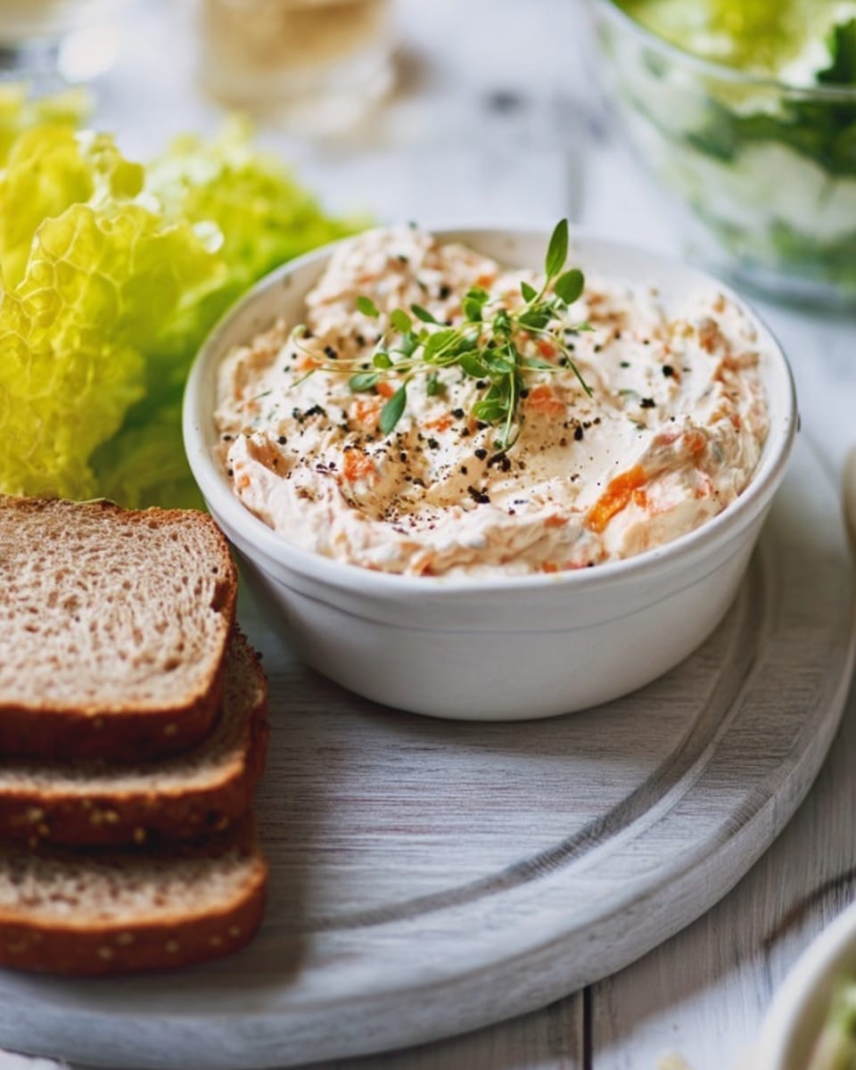 A close-up of a white bowl filled with a creamy dip that is light beige with small orange bits and topped with black pepper and a small green herb sprig in the center. The bowl sits on a light gray wooden board with three slices of brown bread stacked on the left side. On the right side, there is bright yellow-green lettuce and a glass bowl filled with a light green salad. The background is a white marbled surface with a blurred, fresh setting. Photo taken with an iphone --ar 4:5 --v 7
