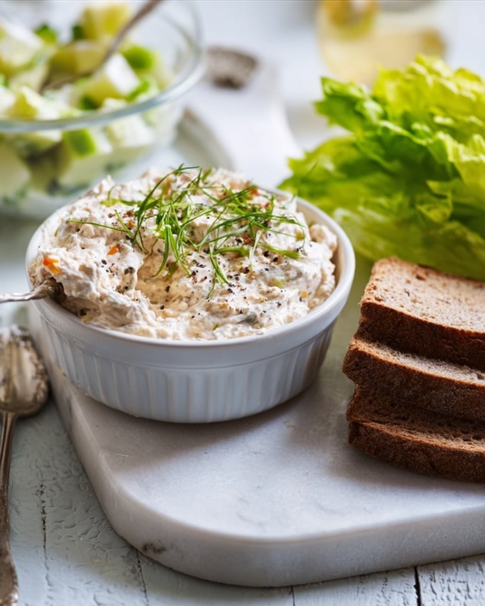 A white bowl filled with a creamy, slightly lumpy dip that is light beige with small dark specks and is topped with a sprig of fresh green herb and ground black pepper. The bowl is placed on a white marbled cutting board next to three slices of dark brown bread arranged leaning against each other. To the right of the bowl, there is a light green leafy vegetable, and a glass bowl with a salad containing light green cubes and other mixed ingredients. The background is a white marbled surface with soft natural lighting. Photo taken with an iphone --ar 4:5 --v 7
