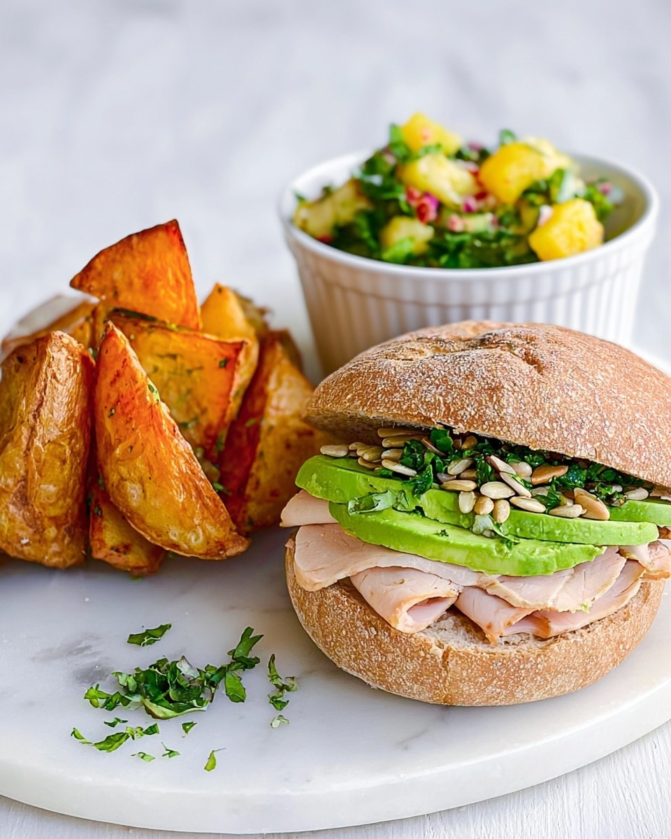 The image shows a sandwich and side dishes on a white marbled surface. The sandwich has three main layers inside a light brown whole wheat bun: bright green avocado slices at the bottom, light pink sliced turkey breast in the middle, and green chopped herbs with sunflower seeds on top. To the left of the sandwich are thick, crispy golden-brown potato wedges. To the right is a small white bowl filled with a green salad that has chunks of bright yellow fruit and some red bits mixed in. Some green herbs are scattered on the surface near the sandwich. Photo taken with an iphone --ar 4:5 --v 7