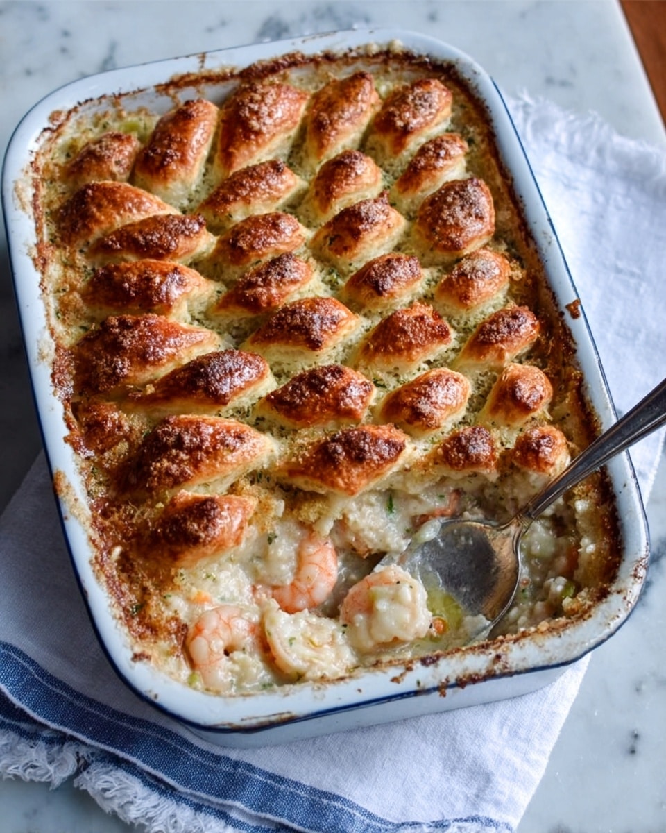 The image shows a white rectangular baking dish filled with a baked seafood casserole. The top layer is golden brown with a braided, puff pastry-like texture arranged in rows from one side to the other, slightly uneven and toasted. The middle layer is creamy white sauce with chunks of shrimp and some herbs visible. A spoon on the right side breaks the crust open, revealing the creamy seafood filling underneath. The dish rests on a white marbled surface with a white and blue striped cloth partially under the dish. Photo taken with an iphone --ar 4:5 --v 7