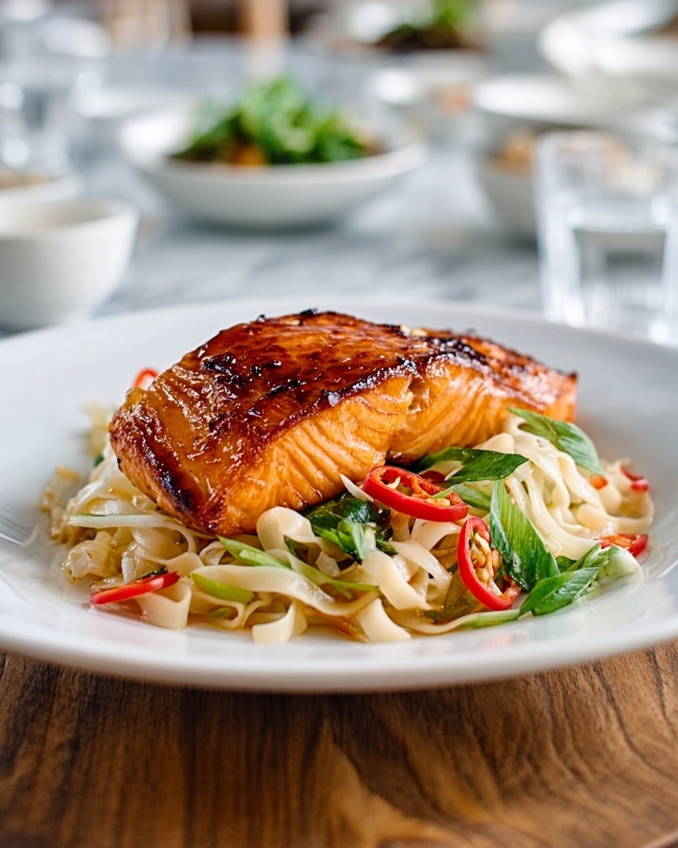 A white plate holds a fillet of grilled salmon, browned and slightly charred on top with a shiny, glazed finish. Underneath the salmon, there is a bed of wide, flat rice noodles mixed with thin slices of red chili, green herbs, and light green onions. The noodles have a slightly glossy texture and appear soft and fresh. The plate is placed on a white marbled surface, and behind it, there are blurred white bowls and a glass on a wooden table. photo taken with an iphone --ar 4:5 --v 7