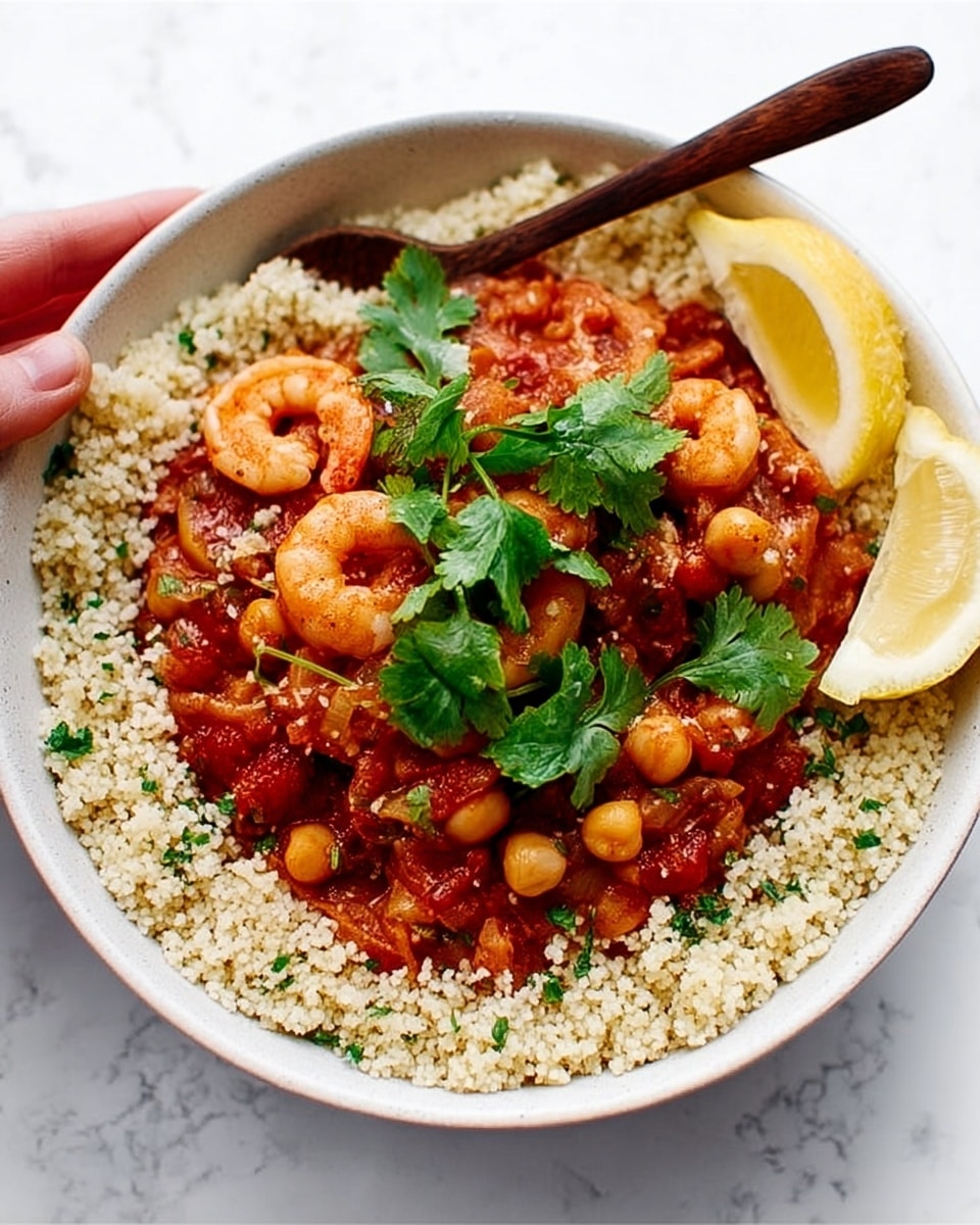 A white bowl filled with three layers: the bottom layer is made of light beige couscous with a fluffy texture, scattered with small green cilantro leaves. The middle layer is a chunky tomato-based stew containing pink shrimp, light brown chickpeas, and small pieces of reddish vegetables. Fresh cilantro leaves are placed on top of the stew for decoration. Two lemon wedges with a pale yellow color rest on the right edge of the bowl. A dark brown wooden spoon sits inside the bowl on the left side, with a woman’s hand holding the spoon. The background is a white marbled texture. photo taken with an iphone --ar 4:5 --v 7