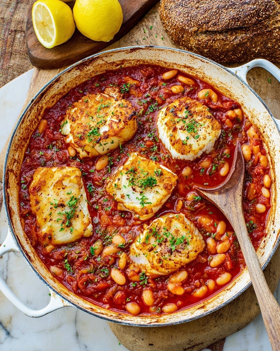 A white round pan filled with a deep red tomato-based sauce loaded with small white beans. There are five large, lightly browned fish chunks placed on top in a loose circle, each sprinkled with finely chopped green herbs. A wooden spoon rests inside the pan on the right side, partially submerged in the sauce. In the background, there's a wooden board holding a whole seeded bread loaf and two halved lemons, all set on a white marbled surface. photo taken with an iphone --ar 4:5 --v 7