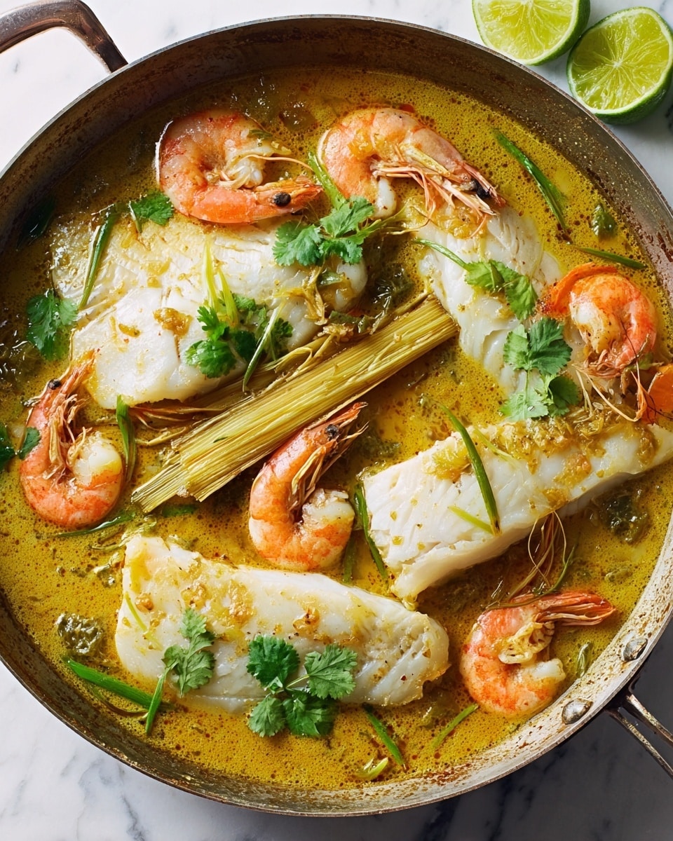A close-up view of a pan filled with a seafood dish, showing several large white fish fillets that have smooth, slightly flaky textures. Surrounding the fish are bright orange shrimp with shells and heads still on, scattered evenly through a golden yellow broth that looks creamy and slightly thick. Thin slices of green herbs and sprigs of fresh green cilantro float on top, adding a fresh, leafy contrast. There is also a piece of lemongrass with light yellow and pale green tones placed diagonally across the dish. The pan rests on a white marbled surface, with two lime wedges partly visible at the top right corner. photo taken with an iphone --ar 4:5 --v 7