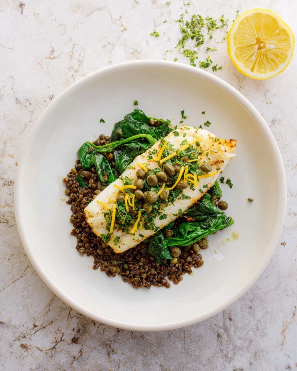 A white plate with a piece of cooked white fish fillet on top, sprinkled with green herbs, capers, and thin yellow lemon zest strips. Below the fish is a layer of cooked dark lentils mixed with wilted bright green spinach. The plate is placed on a white marbled textured surface with a halved squeezed lemon on the top right side. photo taken with an iphone --ar 4:5 --v 7