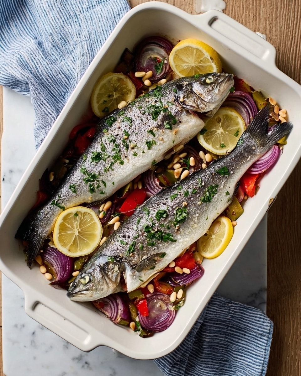 The image shows a white rectangular baking dish filled with two whole cooked fish placed side by side on top of a colorful bed of vegetables. The fish are silver-gray with a slight shine, sprinkled with coarse salt and chopped green herbs. Beneath the fish, there is a mix of sliced red onions, lemon slices, red bell pepper pieces, and pine nuts scattered evenly throughout the dish. The baking dish sits on a white marbled surface next to a blue and white striped cloth. photo taken with an iphone --ar 4:5 --v 7