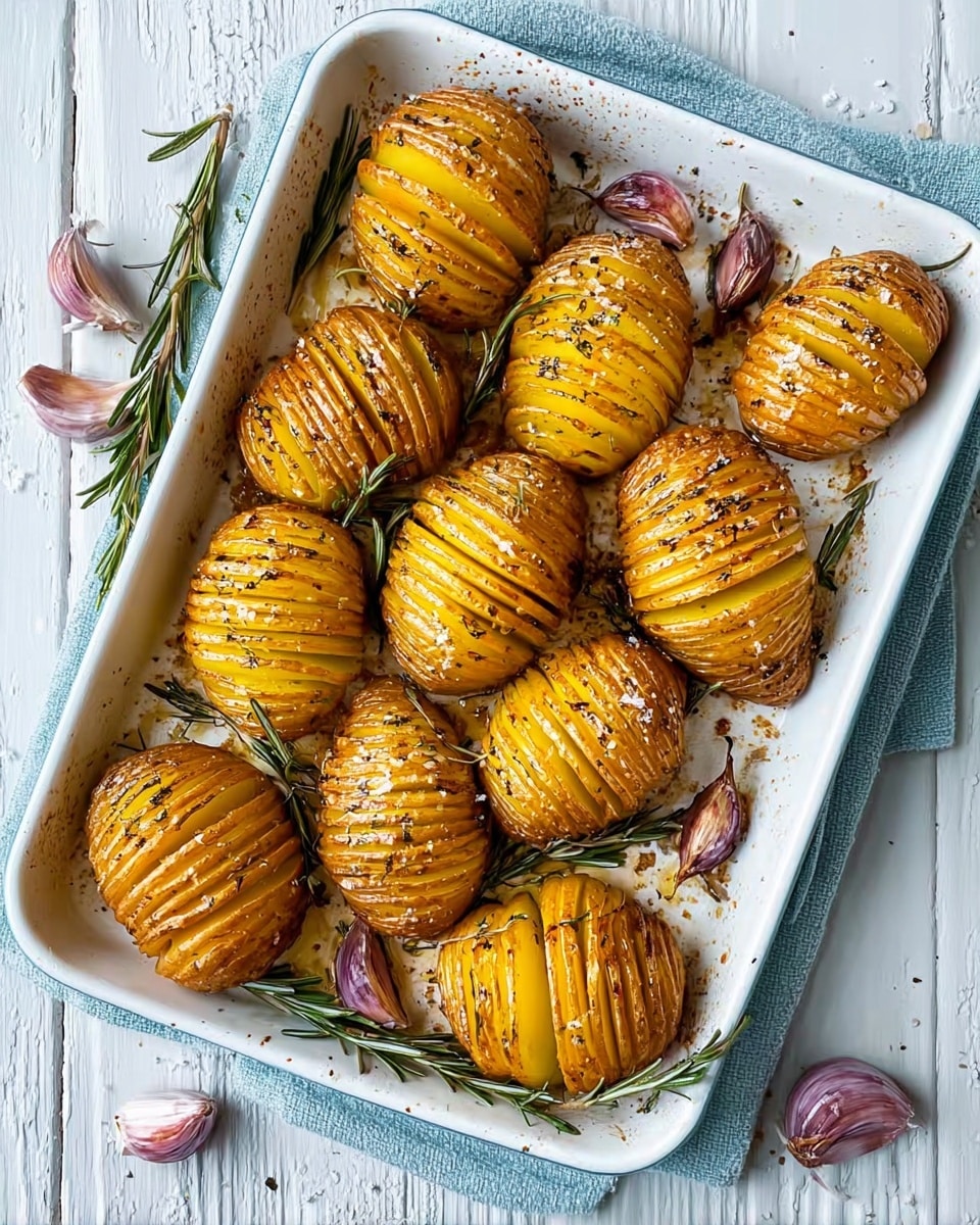 The image shows a white baking tray filled with eleven golden-brown Hasselback potatoes, each sliced thinly but still whole, creating many thin layers from top to bottom. The potatoes have a crispy texture with specks of black pepper and sea salt visible on their surface. Scattered around the potatoes are sprigs of dark green rosemary and several whole roasted garlic cloves with purple skins. The tray rests on a light blue cloth, set on a white marbled texture surface. The photo taken with an iphone --ar 4:5 --v 7