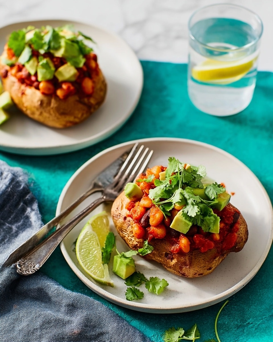 Two round baked potatoes sit on white plates placed on a white marbled surface. Each potato is topped with a chunky red sauce with visible beans, followed by fresh green avocado cubes and leafy cilantro scattered on top. A lime wedge rests beside each potato on the plate. Two silver forks are placed beside the plates, and a glass of water with a slice of lemon is visible in the background. photo taken with an iphone --ar 4:5 --v 7