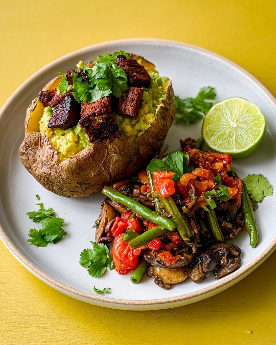 A white plate holds a baked potato on the left side, with its skin slightly split open to show a fluffy light yellow inside mixed with green avocado spread. The potato is topped with dark brown, crispy meat pieces and fresh green cilantro leaves scattered on top. On the right side of the plate, there is a cooked vegetable mix made of bright red tomato chunks, long thin green beans, and dark brown mushrooms, all mixed together. A few extra cilantro leaves are placed around the potato. The plate sits on a yellow surface, with a cut lime wedge just outside the plate on the right. photo taken with an iphone --ar 4:5 --v 7