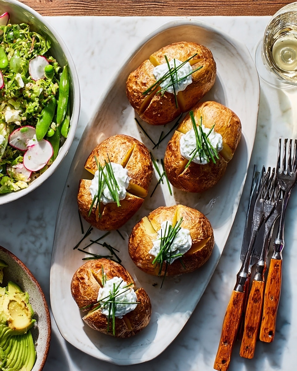 The image shows five baked potatoes arranged on a long oval white plate, each potato golden brown with a cross cut on top and topped with a dollop of white sour cream garnished with chopped green chives. To the left, a white bowl filled with a fresh green salad containing pea pods, thinly sliced radishes, and avocado slices is partially visible. On the right side of the plate, there are three forks with wooden handles resting on a white marbled surface. A glass of white wine is also placed near the forks on the same white marbled surface. The photo is taken from above with warm natural lighting, photo taken with an iphone --ar 4:5 --v 7