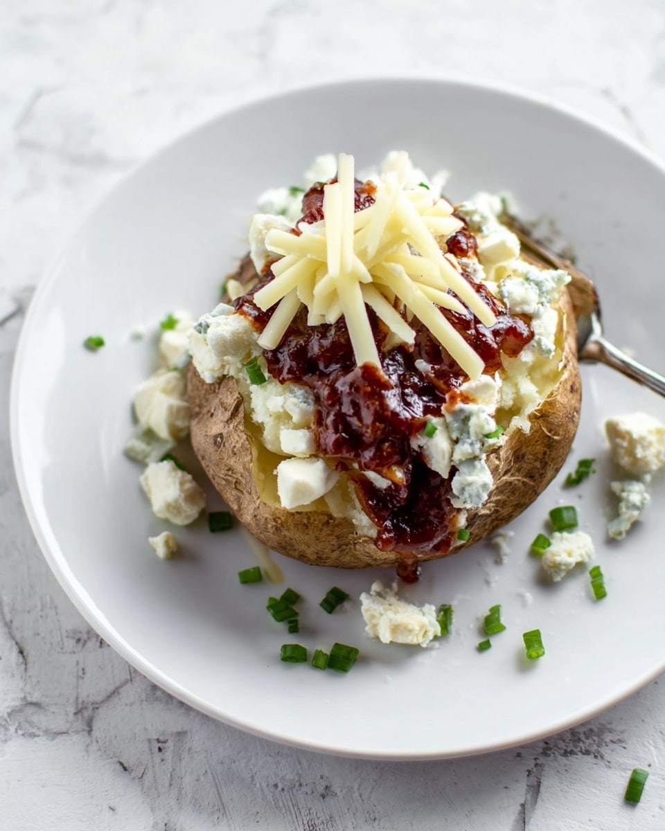 The image shows a baked potato placed in the center of a white plate on a white marbled surface. The potato has a slightly rough, brown skin with a split top. On the bottom layer, there is creamy white cheese inside the split, topped with shredded pale yellow cheese. Above this, there is a thick, dark reddish sauce spread in the center. Small green chopped herbs are scattered around the potato for decoration. There is also a small dollop of the same dark reddish sauce placed slightly away from the potato on the plate. Photo taken with an iphone --ar 4:5 --v 7