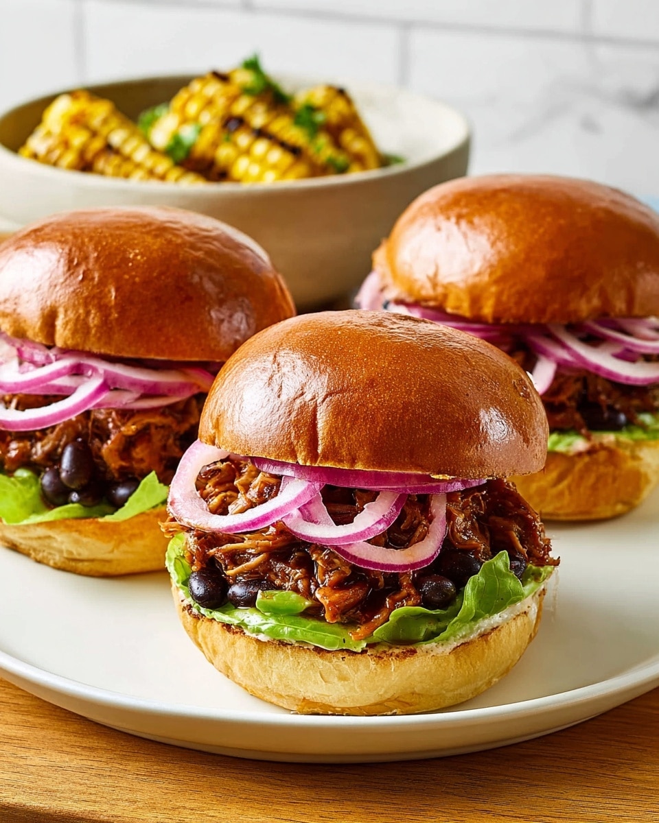 Three pulled pork sandwiches sit on a white plate on a white marbled surface. Each sandwich has a soft, shiny brown brioche bun top, with layers underneath starting with green lettuce, followed by a generous amount of dark brown pulled pork mixed with black beans, and topped with thin slices of bright purple and white onion. The sandwiches are arranged closely, with the front one showing all the layers clearly. In the background, a bowl with grilled corn is slightly blurred. Photo taken with an iphone --ar 4:5 --v 7