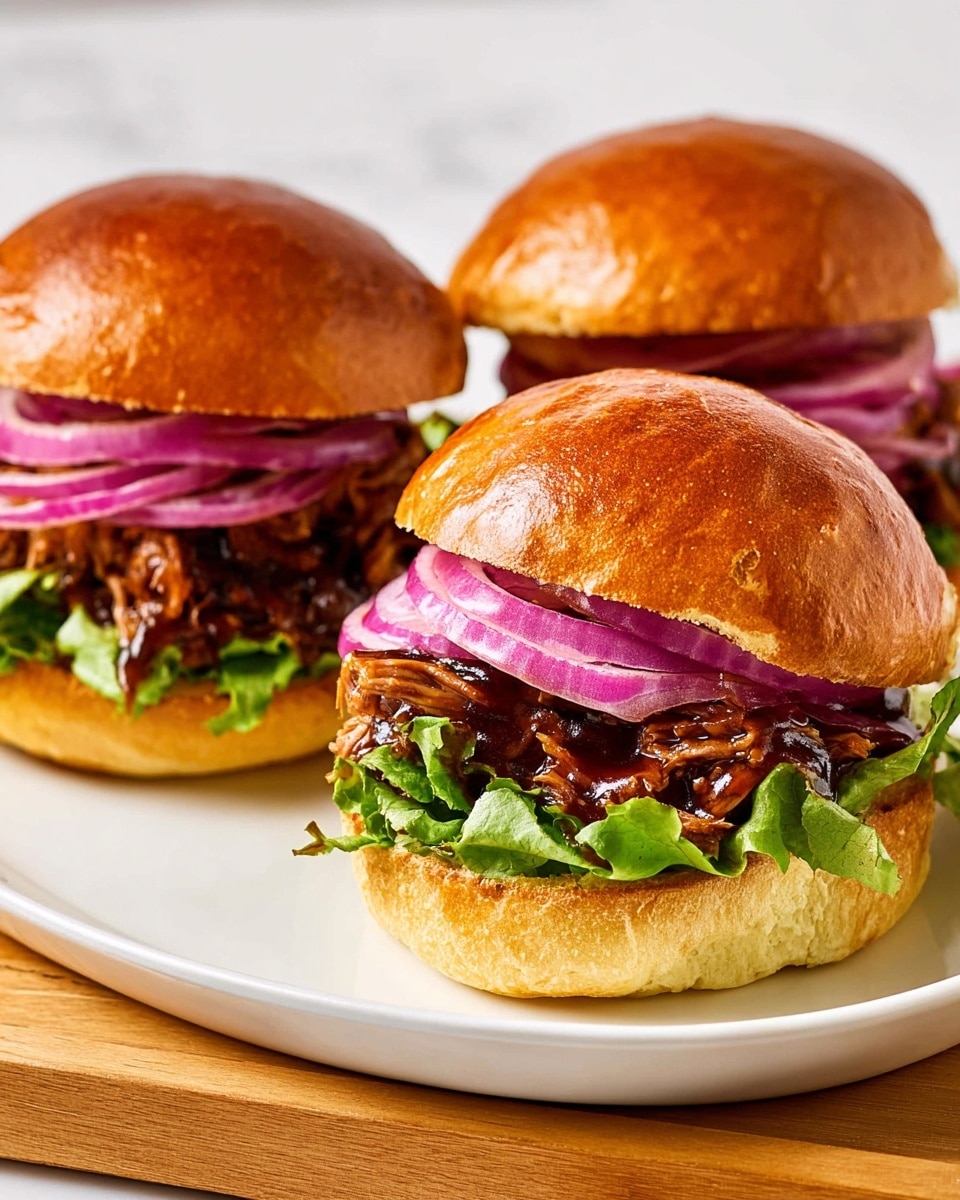 Three sandwiches sit side by side on a white plate over a white marbled surface. Each sandwich has a shiny brown top bun, with visible soft texture and slight gloss. Below the top bun are several thin slices of vibrant purple-red onion, arranged in overlapping round layers. Under the onions, there is dark brown shredded meat mixed with a rich sauce, giving a juicy and slightly sticky texture. Below the meat layer is fresh green leaf lettuce, crisp and slightly ruffled. The sandwiches sit on soft, light golden brown bottom buns with a lightly fluffy texture. Photo taken with an iphone --ar 4:5 --v 7
