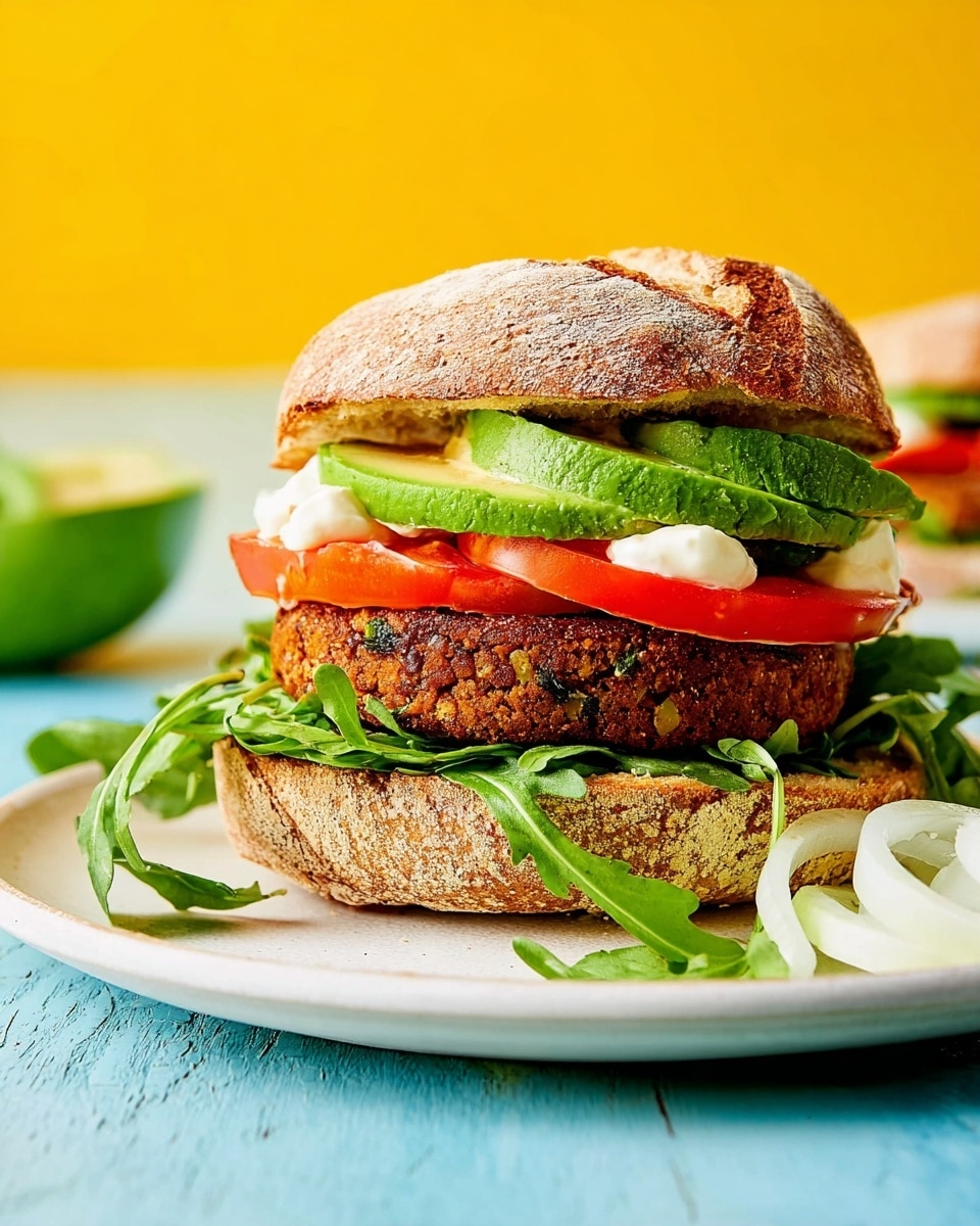 A sandwich sits on a white plate over a white marbled surface, showing four main layers. The bottom layer is a rustic bread bun with a lightly toasted, cracked crust. Above it lays fresh green arugula leaves, with bright red tomato slices on top. Then, there is a thick, textured brown veggie patty, browned on the outside. On top of the patty are curved green avocado slices and small dollops of creamy white sauce. The sandwich is covered with the top half of the rustic bread bun. Next to the sandwich, some fresh greens and white onion slices rest on the plate. The background has a bright yellow surface and a soft blue wall. Photo taken with an iphone --ar 4:5 --v 7