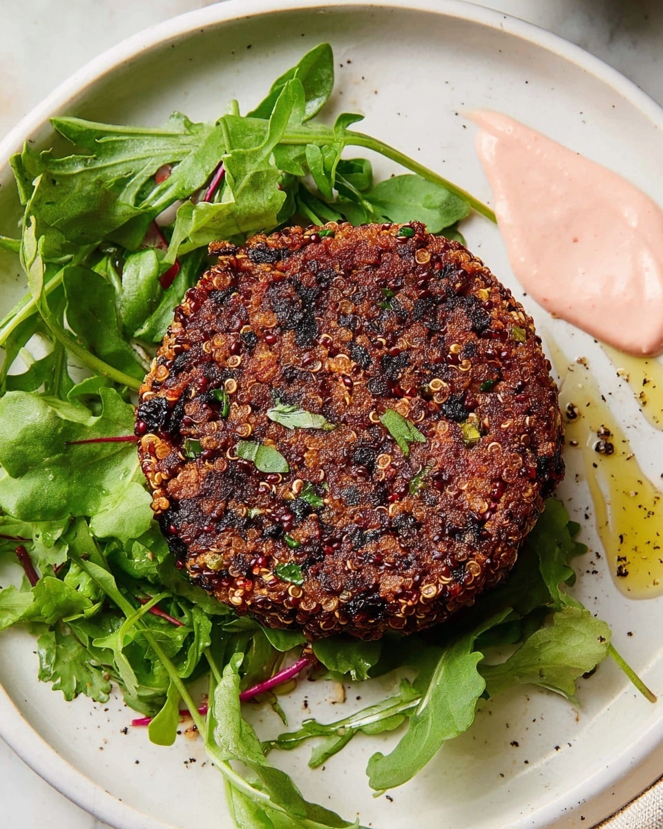 A round, thick quinoa patty with a browned, crispy exterior sits slightly off-center on a white plate with a light green leafy salad underneath and around it, featuring arugula and cilantro leaves. The patty has visible black and red quinoa grains, bits of green herbs, and a slightly rough texture with some salt flakes on top. To the right, there are small smears of a creamy pink sauce and a drizzle of olive oil with black pepper sprinkled lightly, all set against a white marbled textured surface. Photo taken with an iphone --ar 4:5 --v 7