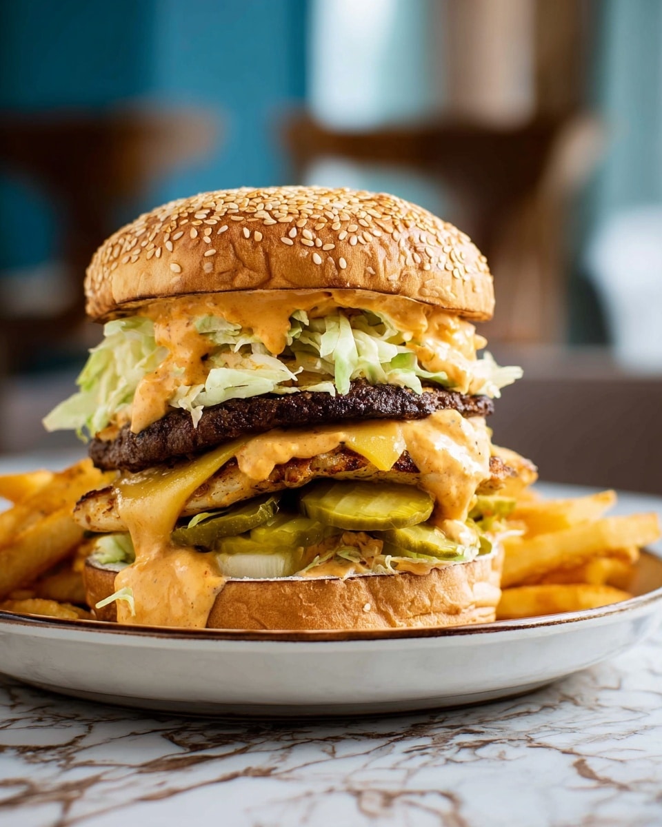 A tall burger with a sesame seed top bun, slightly toasted and golden brown, sits on a white plate with crispy golden fries on the side. Below the top bun is a layer of creamy orange sauce spilling over a dark brown grilled beef patty. Underneath, there is a thick layer of shredded light green lettuce, followed by a thick piece of grilled chicken breast with grill marks. Below the chicken, there are sliced green pickles, then another dark brown grilled beef patty. Under this patty is a slice of light yellow melted cheese, resting on a white toasted bottom bun spread with the same creamy orange sauce with bits of onions visible. The whole plate is placed on a white marbled surface, with a blurred background. Photo taken with an iphone --ar 4:5 --v 7