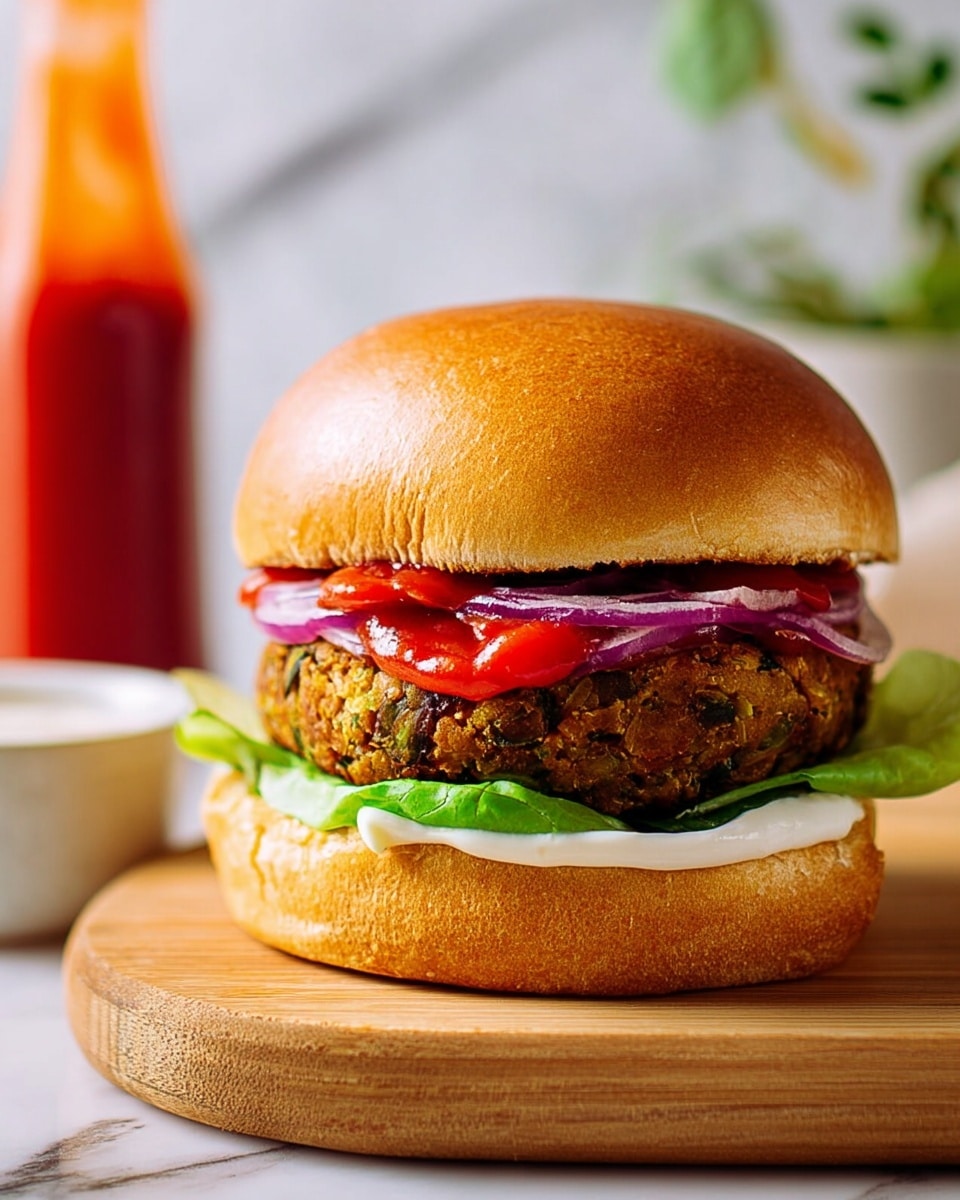 A close-up shot of a sandwich with a shiny, soft golden brown bun on top. Below the bun, there are thick, bright red ketchup and thin, purple onion rings. The middle layer is a textured, brown-green veggie patty. Underneath the patty are fresh, bright green lettuce leaves and a smooth, white spread on the bottom bun, which is light golden brown and soft. The sandwich sits on a wooden board with a blurred bottle of ketchup and another small container in the background against a white marbled surface. Photo taken with an iphone --ar 4:5 --v 7