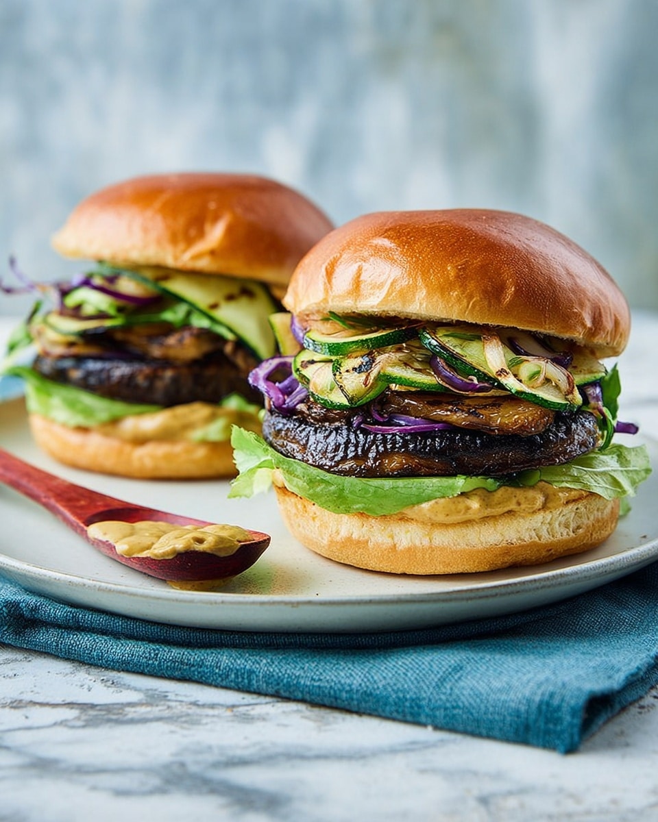 Two large burgers sit on a white plate on top of a blue cloth, placed on a surface with a white marbled texture. Each burger has a glossy, golden-brown top bun. Below the bun lies a layer of thin, green lettuce, followed by a large dark brown grilled portobello mushroom cap. On top of the mushroom are thin strips of light green grilled zucchini and some cooked purple onion slices. The bottom bun is toasted light brown and spread with a creamy, yellowish sauce that has a slightly chunky texture. A small wooden spoon with a red handle rests on the plate with some sauce on it. Photo taken with an iphone --ar 4:5 --v 7