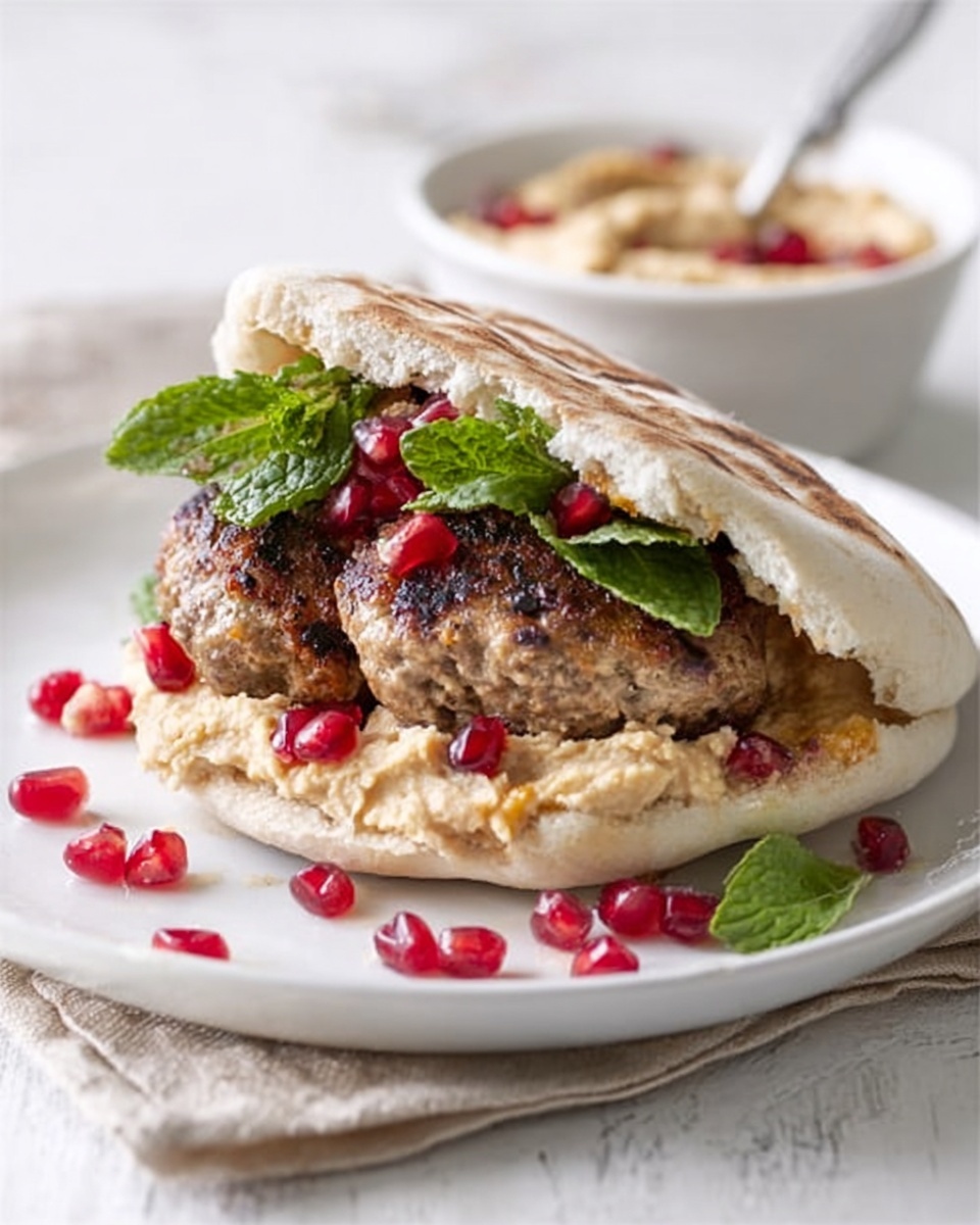 A white plate on a white marbled surface holds a pita bread sandwich cut open and filled with layers. The bottom layer inside the pita is creamy beige hummus with a smooth texture. Above the hummus, there are two thick, brown grilled patties with a slightly charred look. Green mint leaves are placed on top of the patties, adding a fresh color contrast. Scattered on and around the sandwich are bright red pomegranate seeds. In the background, a white bowl contains more hummus with a spoon sticking out. Photo taken with an iphone --ar 4:5 --v 7