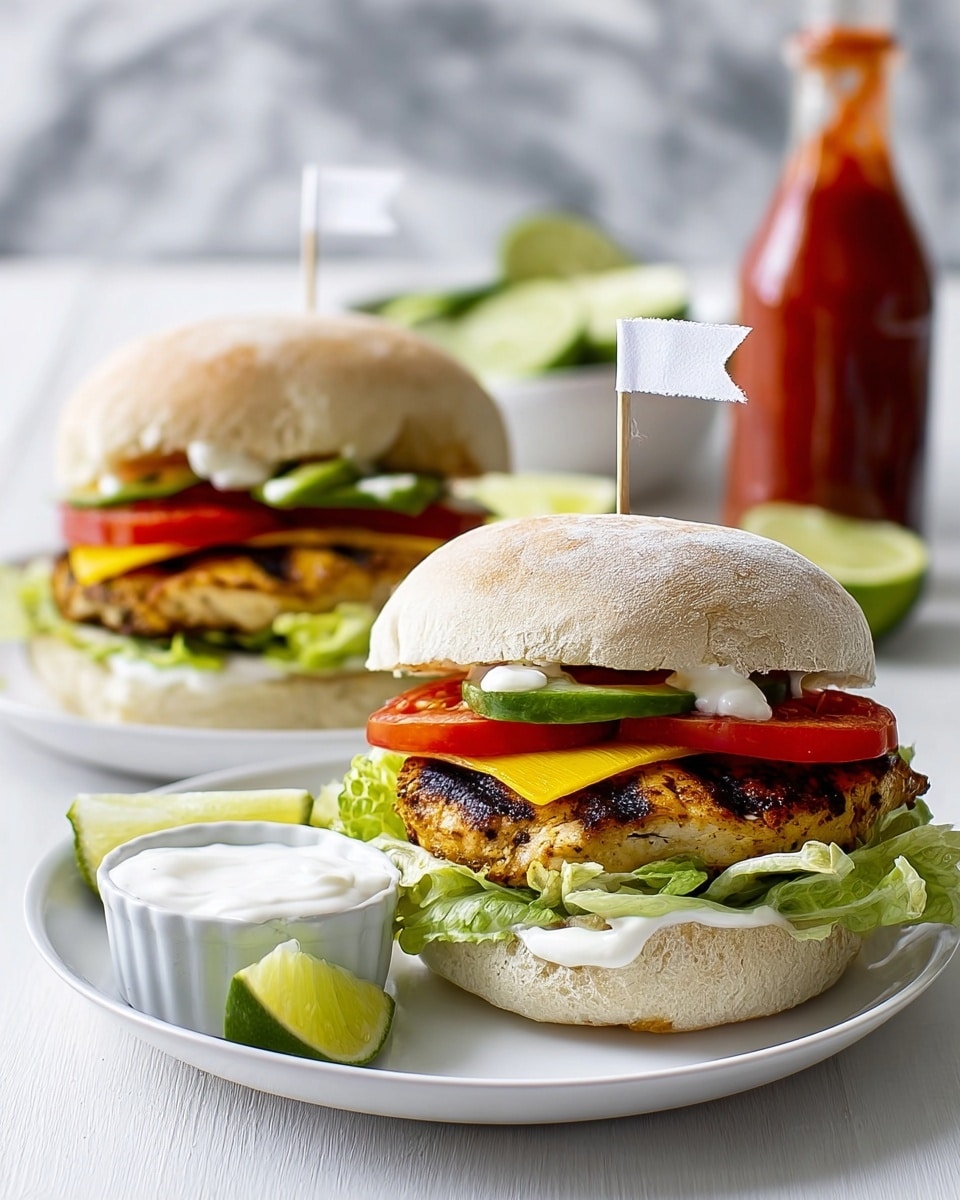 The image shows two chicken sandwiches on white plates, each with a white bun. The bottom bun holds a grilled chicken patty with visible grill marks, followed by a layer of yellow cheese slices. On top of the cheese, there are fresh slices of red tomato and bright green lettuce, with a dollop of white sauce on one sandwich. Both sandwiches have small white flags stuck in the top buns. In the background, there is a glass bottle of red sauce and a small white cup filled with white sauce, accompanied by lime wedges on a white marbled surface. Photo taken with an iphone --ar 4:5 --v 7