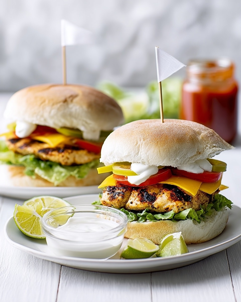 Two grilled chicken sandwiches are placed on white plates on a white marbled surface. Each sandwich has a top bun with a small white flag on a toothpick. The sandwich layers from bottom to top show a soft white bun, a grilled chicken patty with char marks, several slices of yellow cheese, two red tomato slices, fresh green lettuce, and a dollop of white sauce. In front of the sandwiches, there is a small clear cup filled with white sauce and two lime wedges on the side. A blurred jar of red sauce is in the background. Photo taken with an iphone --ar 4:5 --v 7