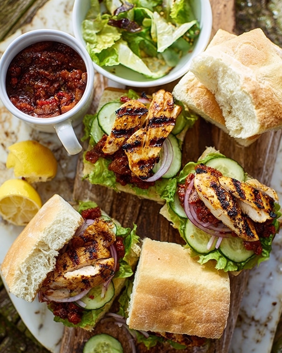 The image shows a wooden board on a white marbled surface with two open-faced grilled chicken sandwiches. Each sandwich has three layers: the bottom layer is a soft square bread roll, the middle layer is grilled chicken with grill marks, and the top layers include fresh green lettuce, cucumber slices, and thin red onion rings. Next to the sandwiches, there is a white bowl with green salad and a white mug filled with chunky red salsa. Lemon wedges are placed around the board, and a woman's hand is holding a piece of bread at the top right. Photo taken with an iphone --ar 4:5 --v 7