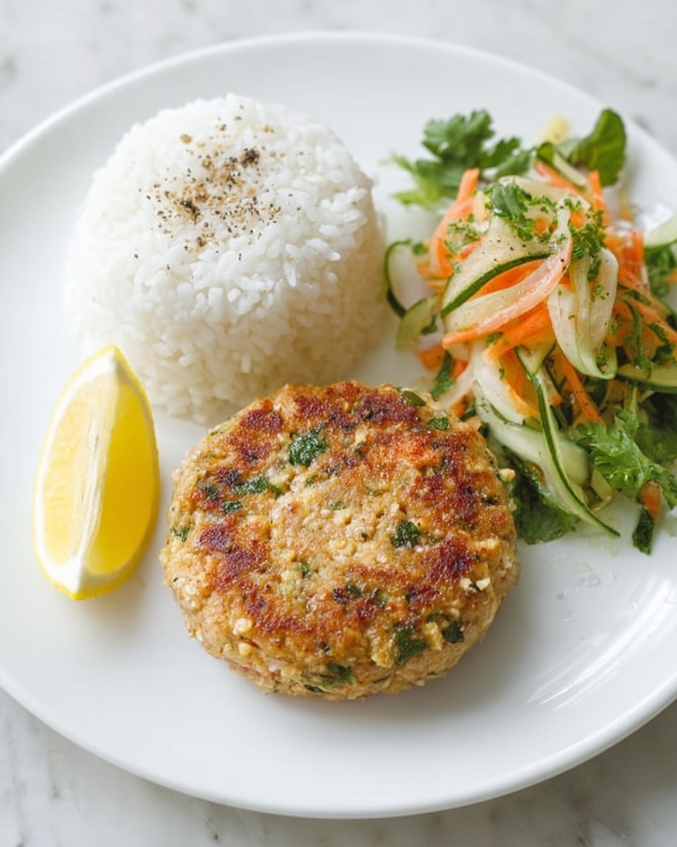The image shows a white plate with three main parts arranged in a triangle. At the top left, there is a fluffy mound of white rice. On the right side of the plate, there is a small salad made of thin green and orange vegetable ribbons, garnished with green herbs and a sprinkle of black pepper. At the front center of the plate, there is a round, golden-brown patty with small bits of green herbs mixed in. A yellow lemon wedge is placed on the left edge of the plate. The plate is set on a white marbled surface. photo taken with an iphone --ar 4:5 --v 7