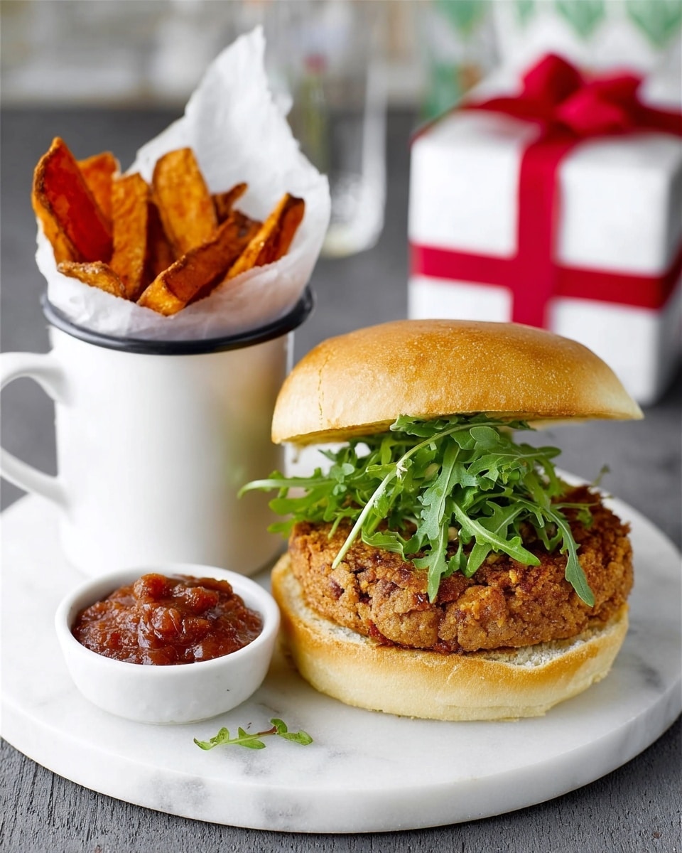 The image shows a white round plate with a large sandwich as the main focus. The sandwich has three layers: a light golden-brown bun on top, a thick, crispy fried patty with a rough texture in the middle, and a bottom bun lighter in color. On top of the patty, there is a small pile of fresh green arugula leaves. Next to the sandwich, there is a small white cup with chunky reddish-brown sauce, and behind it, a white mug filled with golden brown sweet potato fries wrapped in white paper. The plate sits on a white marbled surface, with a white gift box wrapped in red ribbon blurred in the background. Photo taken with an iphone --ar 4:5 --v 7