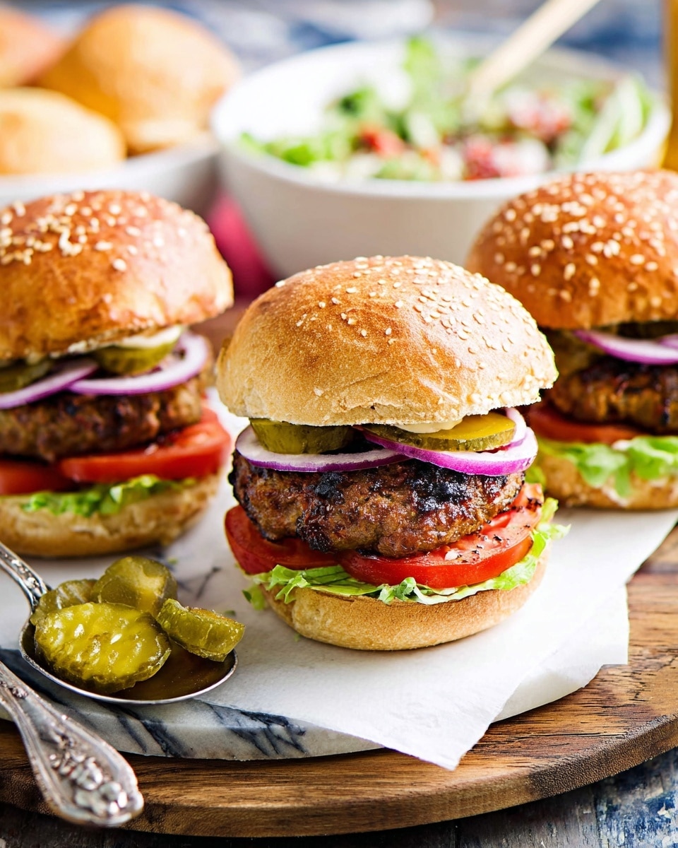Three burgers sit on a wooden board with a white napkin under one. Each burger has a top sesame seed bun that is golden brown and soft looking. Below the bun are two green pickle slices and thin rings of purple onion. Under the onion is a thick, grilled brown patty with a slightly charred edge. Below the patty are a couple of bright red tomato slices and a layer of green lettuce on the bottom bun, which is toasted light brown. In front of the burgers is a small silver spoon holding extra pickle slices on the white marbled surface. In the background, there is a white bowl with a salad blurred out. photo taken with an iphone --ar 4:5 --v 7
