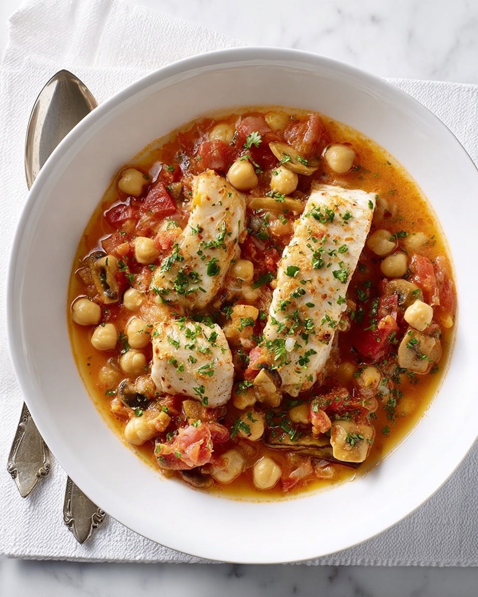 The dish is served in a deep white bowl placed on a white marbled surface. Inside, there are two main layers: the bottom layer is a light orange-red broth with visible chunks of chickpeas, diced tomatoes, and sliced mushrooms mixed throughout. On top of this broth, there are two pieces of white fish, slightly browned, sprinkled with small green herb bits. The soup looks thick and hearty with a shiny surface, and next to the bowl, there is a shiny spoon and fork. The whole setup is clean and bright, showing off the colors and textures clearly. photo taken with an iphone --ar 4:5 --v 7