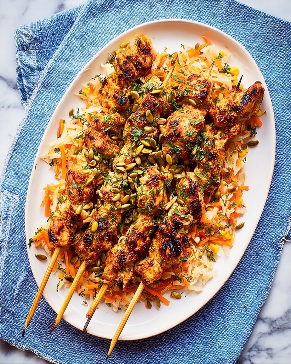 A white oval plate holds four skewers of grilled chicken pieces with a golden-brown char. The chicken sits on a base layer of shredded vegetables, mainly orange carrots and white cabbage, mixed with bits of yellow corn. On top, there is a sprinkle of green herbs and pumpkin seeds, adding texture and color contrast. The plate rests on a blue cloth over a white marbled surface, enhancing the warm tones of the dish. photo taken with an iphone --ar 4:5 --v 7