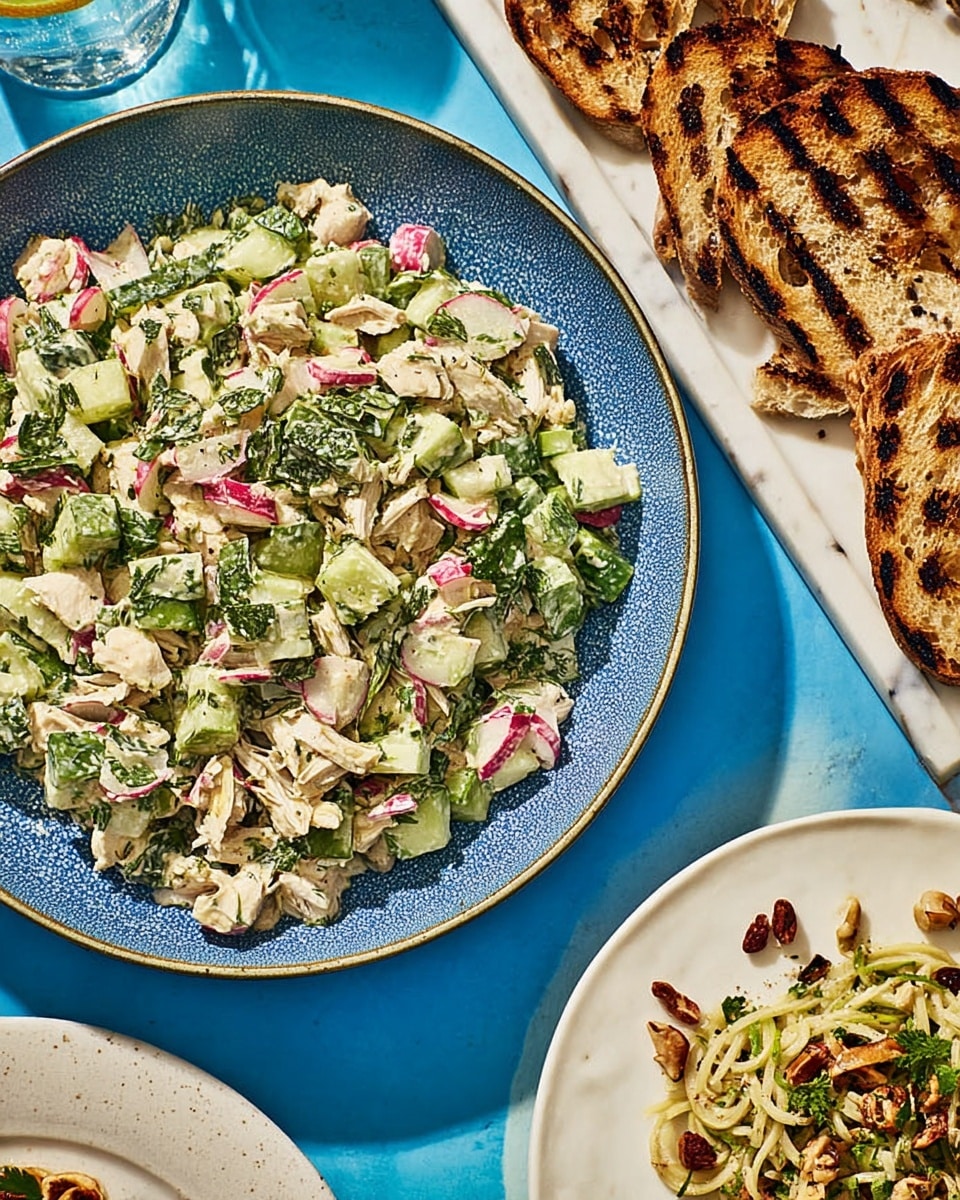 A large white plate with a blue inner surface holds a mixed salad made of chopped pale green cucumber, light beige chicken pieces, small pink radish cubes, and dark green herbs scattered throughout, giving a fresh and colorful look. To the right, on a white plate, there are several slices of toasted bread with dark grill marks and a crunchy texture. The background is a bright blue surface, and the lower part of the image shows part of another white plate with noodles mixed with light green cucumber slices and garnished with some nuts and herbs. The whole scene is set on a white marbled texture. photo taken with an iphone --ar 4:5 --v 7