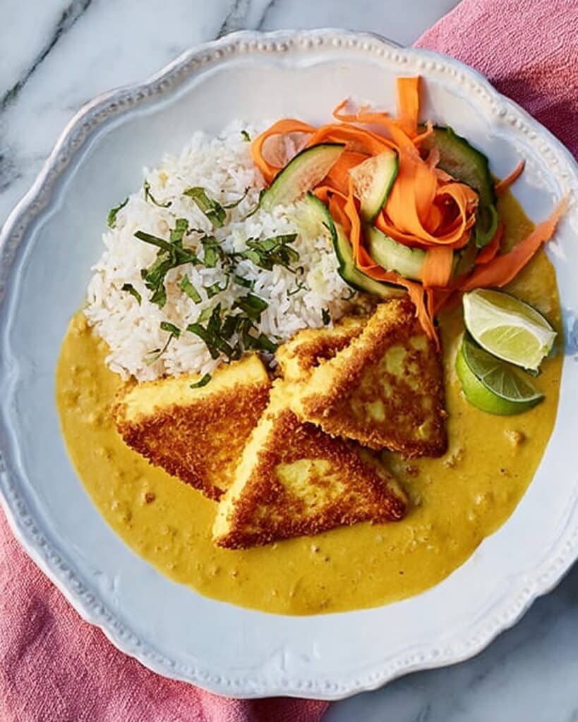 Vegan Katsu Curry with Crispy Tofu, Rice, and Fresh Vegetables Recipe