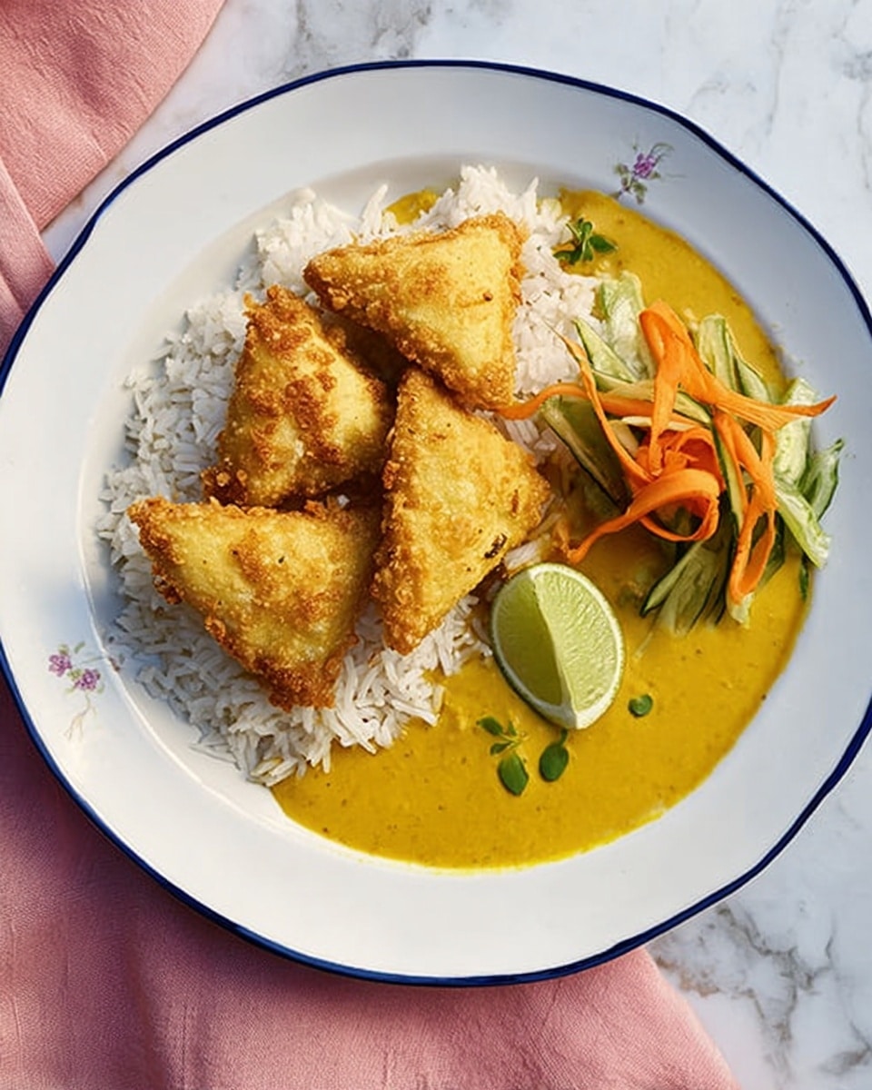 The dish is served on a white plate with a blue rim, placed on a white marbled surface with a pink cloth nearby. It has three main parts: a base layer of white cooked rice on the left side, topped with four golden-brown fried triangle-shaped pieces arranged in a cluster. To the right of the rice and fried pieces, there is a smooth, thick yellow sauce spread on the bottom half of the plate. At the top right corner, there is a small garnish of thin, curled orange carrot and green cucumber ribbons, along with a wedge of green lime placed on the rice. Small green leaves are scattered near the rice adding a fresh touch. photo taken with an iphone --ar 4:5 --v 7