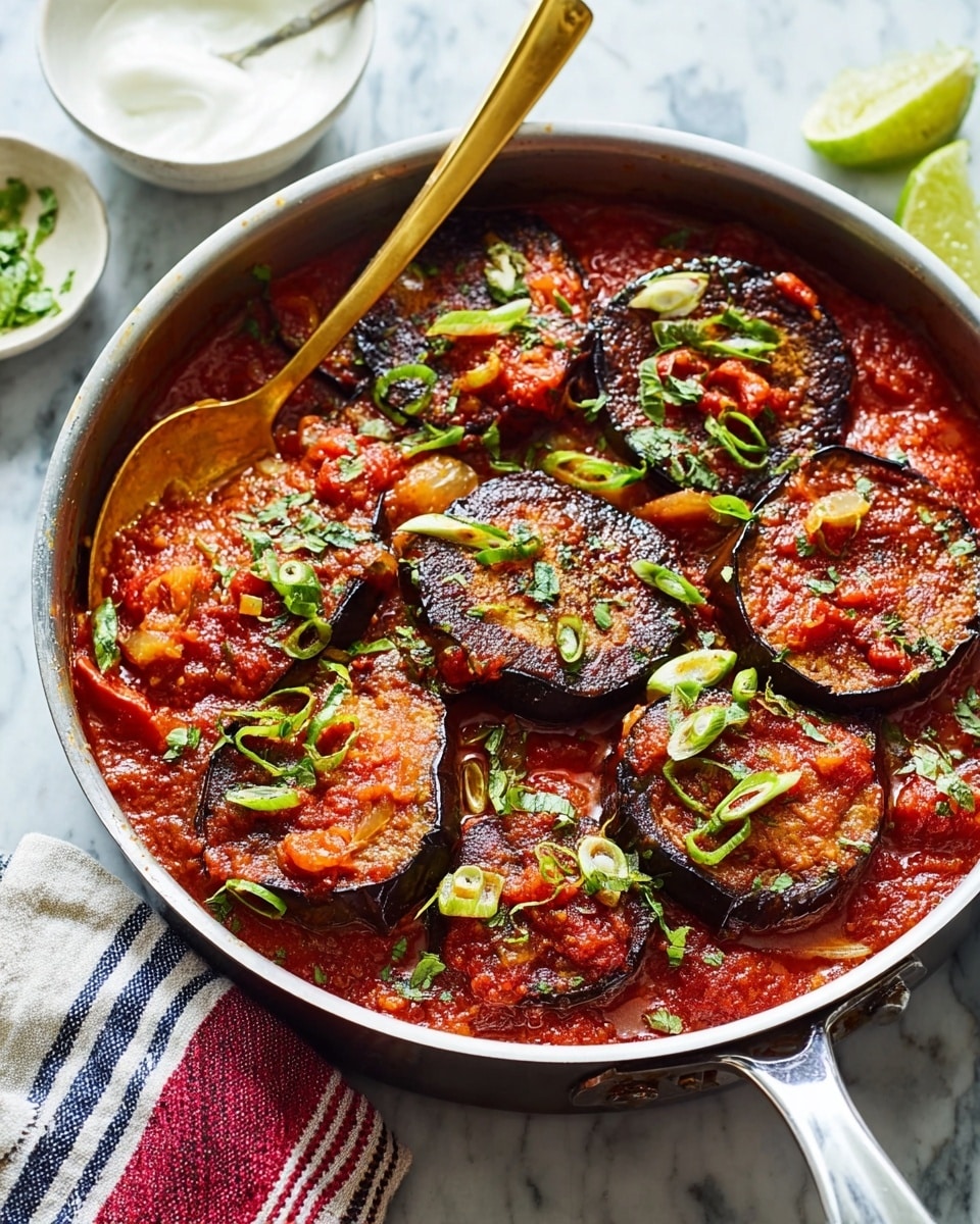 The image shows a round metal pan filled with a layered eggplant dish on a white marbled surface. The bottom layer is a thick, rich red tomato sauce with visible chunks of tomatoes and herbs. On top of the sauce, several dark purple, slightly charred eggplant slices are arranged, each coated with more tomato sauce. Fresh green herbs and small sliced green onions sprinkle over the eggplant, adding a fresh touch of color and texture. A large gold-colored spoon rests inside the pan on the left side. A white cloth with red and navy stripes is partly visible on the left side of the pan. In the background, a small white bowl of white cream and a lime wedge can be seen. photo taken with an iphone --ar 4:5 --v 7