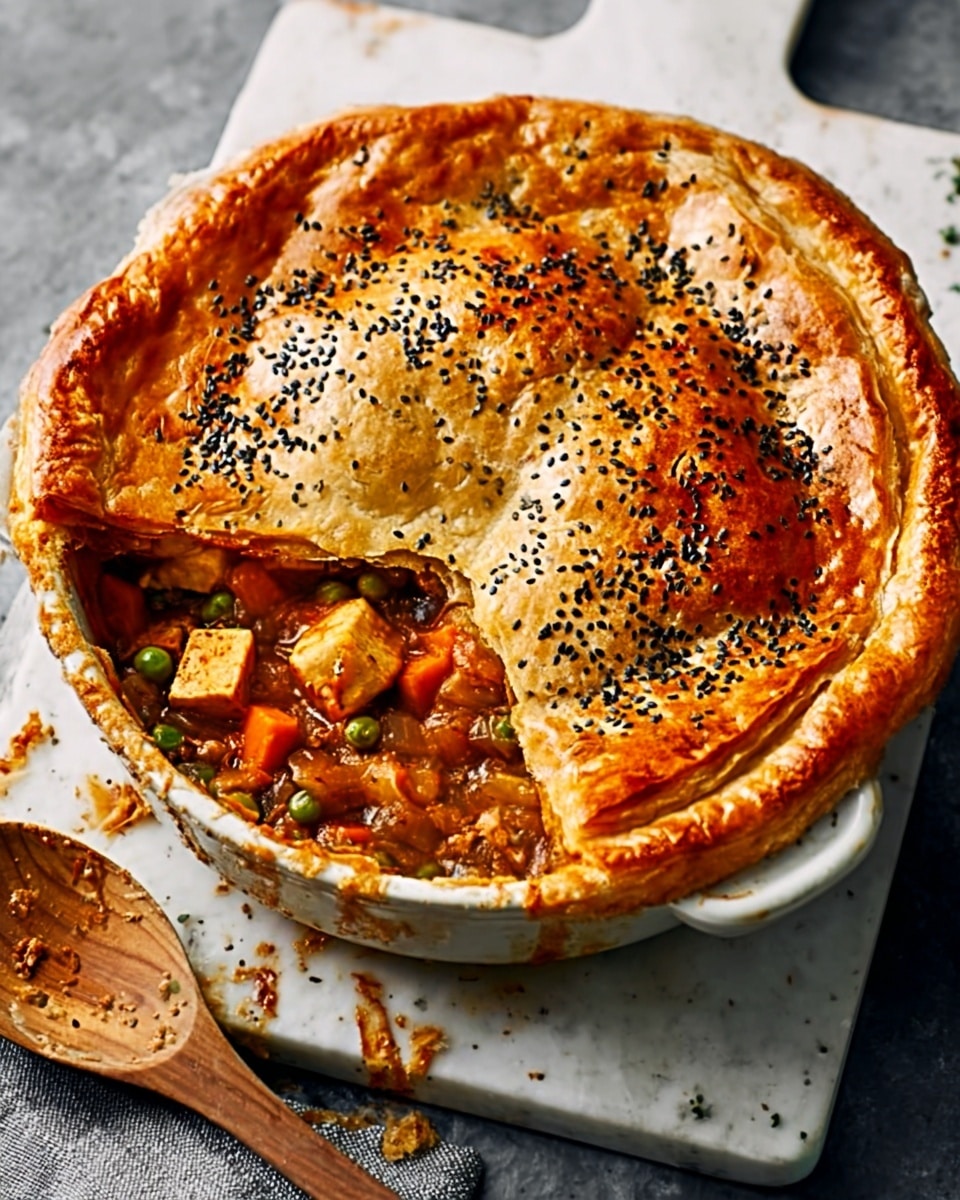 A round pie in a white ceramic dish with two handles, revealing a filling on one side. The top crust is golden brown with a shiny baked texture and sprinkled with small black seeds, covering about two-thirds of the pie. The exposed filling is thick and reddish-orange with chunks of green vegetables, beans, and soft tofu cubes. The dish is placed on a white marbled textured board with a wooden spoon resting nearby, showing some filling remnants. Photo taken with an iphone --ar 4:5 --v 7