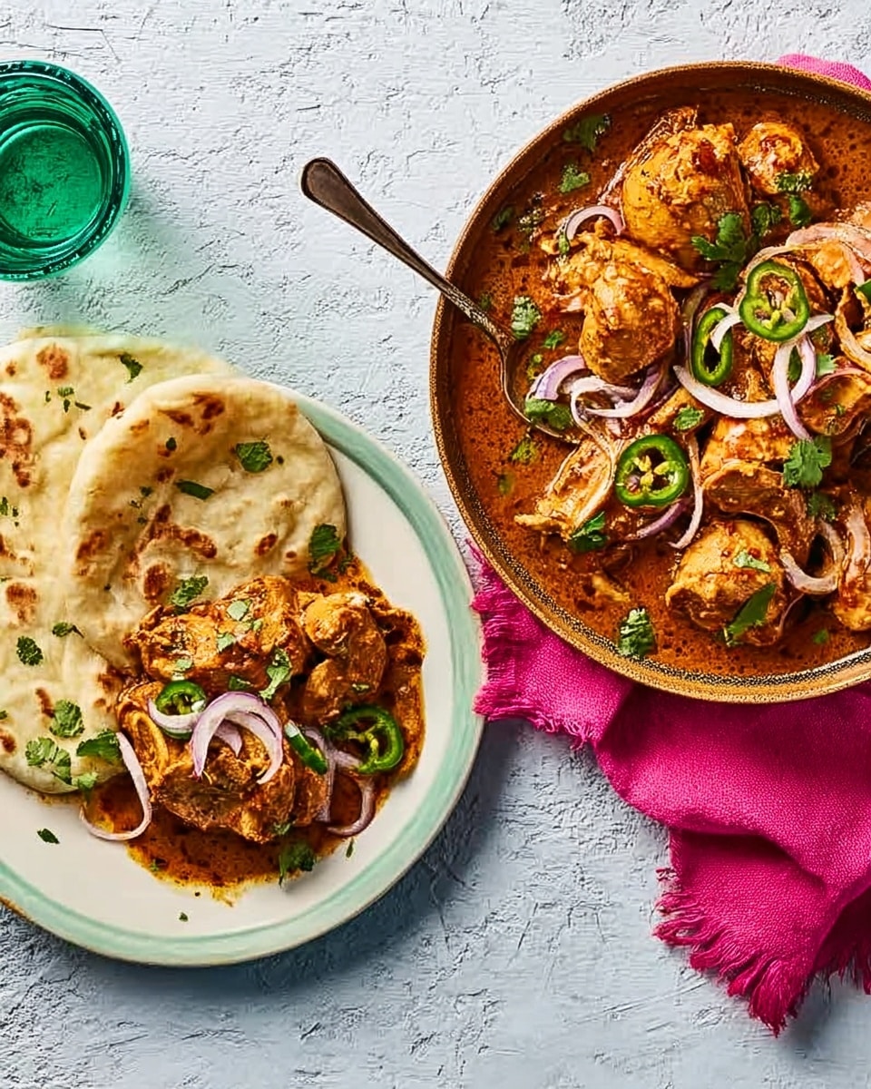 The image shows a white plate with two round shapes of orange-brown curry-stewed chicken pieces. On top, green cilantro leaves, thin sliced light purple onions, and green chili slices add a pop of color and texture. To the side on the plate are two pieces of soft, light beige flatbread. Next to the plate is a brown bowl filled with more curry and chicken pieces topped with the same garnishes and a silver spoon resting inside. The dishes sit on a white marbled textured surface with a bright pink cloth tucked under the plate and a green glass nearby. Photo taken with an iphone --ar 4:5 --v 7