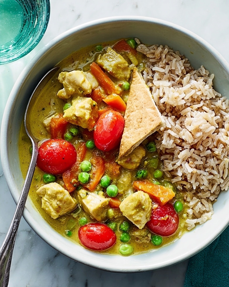 A white bowl filled with two main sections: on the right side, a layer of brown rice with a fluffy texture, and on the left side, a colorful curry made of light green sauce with chunks of beige chicken pieces, bright red whole cherry tomatoes, vibrant green peas scattered throughout, and a large triangular piece of light brown bread partially submerged in the sauce. A silver spoon is placed inside the bowl resting on the left side among the curry. The bowl sits on a white marbled surface with a glass of water visible nearby. photo taken with an iphone --ar 4:5 --v 7