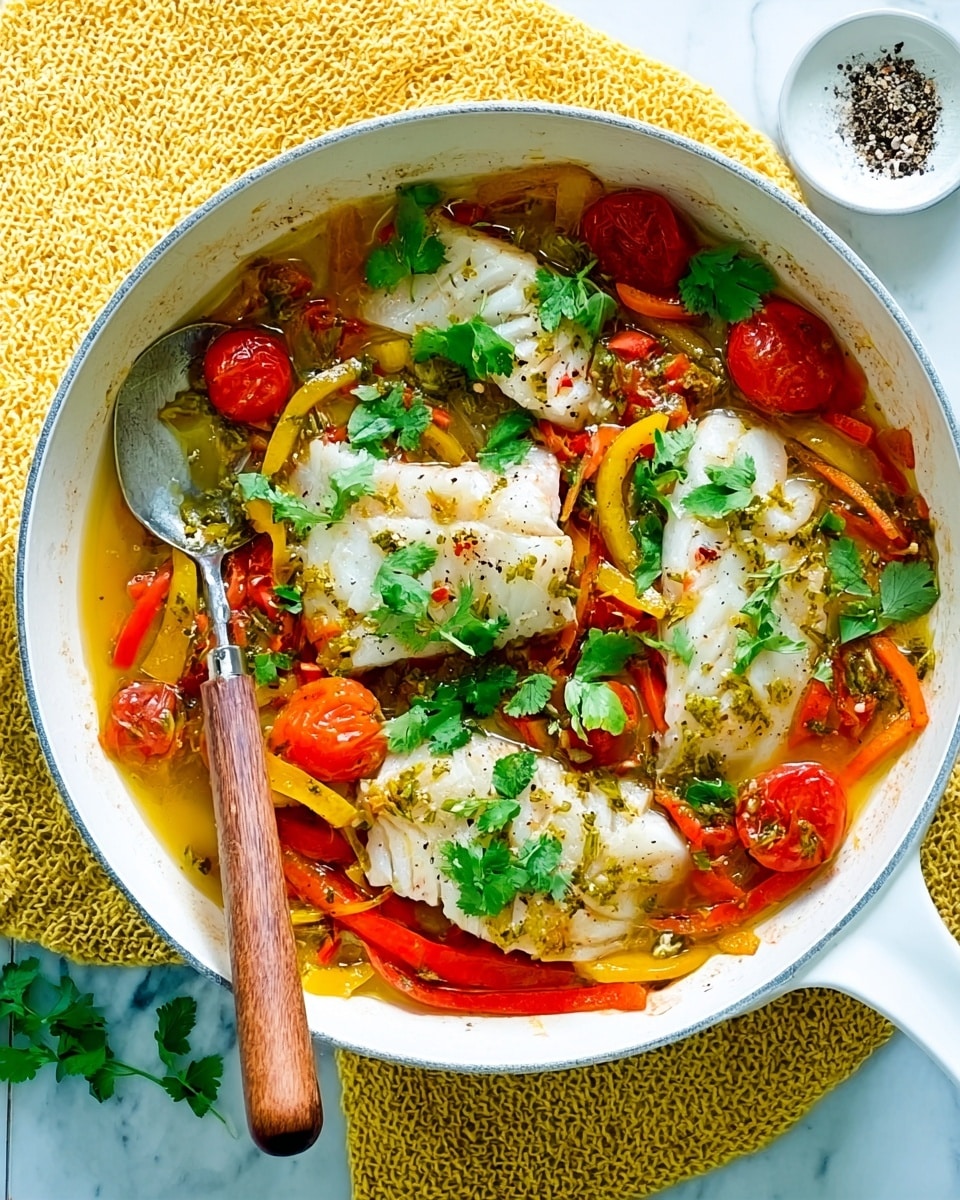 The image shows a white skillet filled with a colorful fish stew. The bottom layer consists of bright, thinly sliced red and yellow bell peppers mixed with halved cherry tomatoes, all cooked in a light, slightly oily broth. On top of this vegetable base, there are several pieces of white fish fillets, soft and flaky, garnished with fresh green cilantro leaves scattered around. A silver spoon with a wooden handle rests inside the skillet. The skillet is placed on a yellow woven cloth over a white marbled surface, and a small white bowl with black pepper is partly visible on the side. Photo taken with an iphone --ar 4:5 --v 7