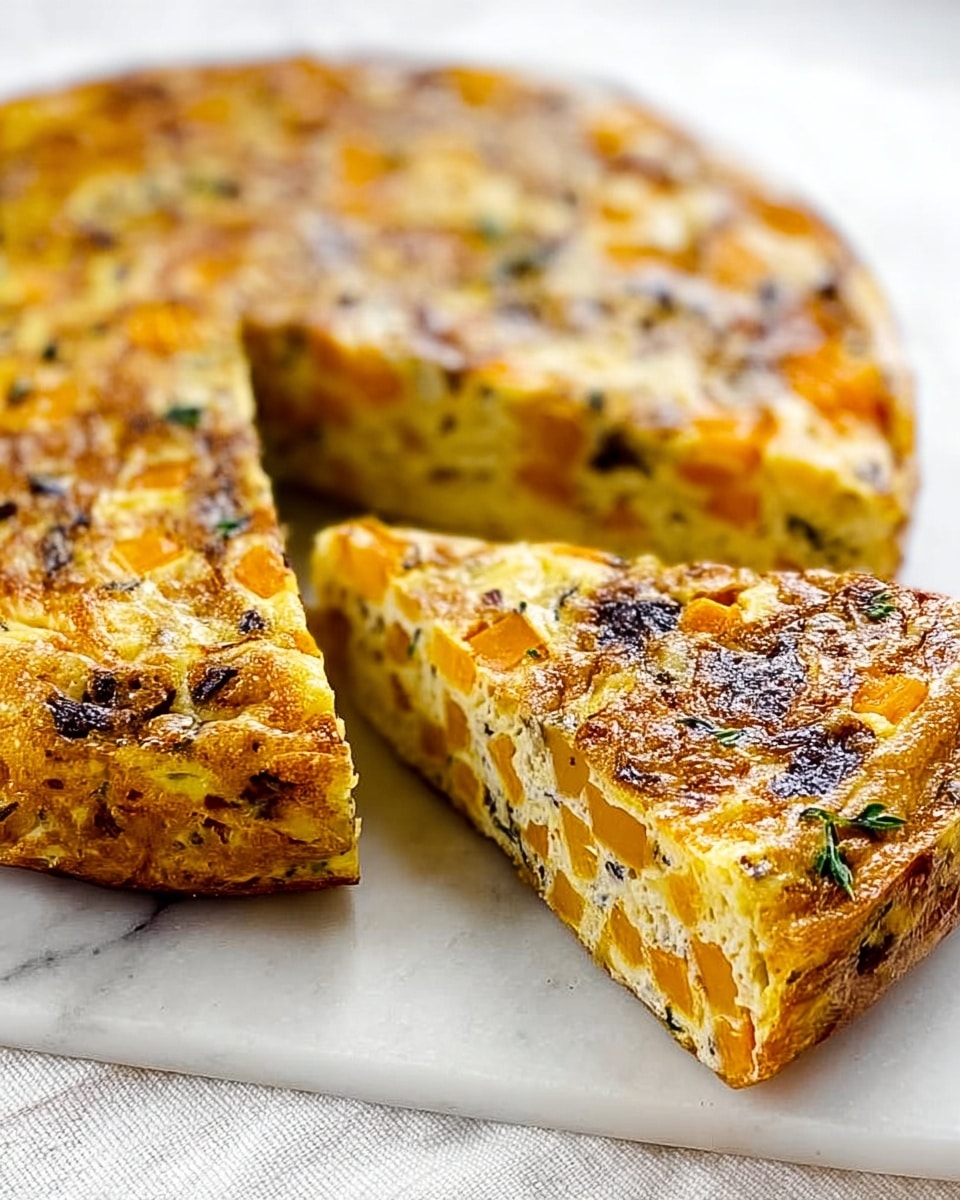 A close-up image of a round frittata with two slices cut and slightly lifted, showing its thick texture filled with medium-sized orange and beige chunks, likely vegetables and egg. The outside is golden-brown with a slightly crispy surface, and the inside looks soft and moist with visible small vegetable pieces evenly spread throughout. The frittata is placed on a white marbled surface with a white cloth underneath. Photo taken with an iphone --ar 4:5 --v 7