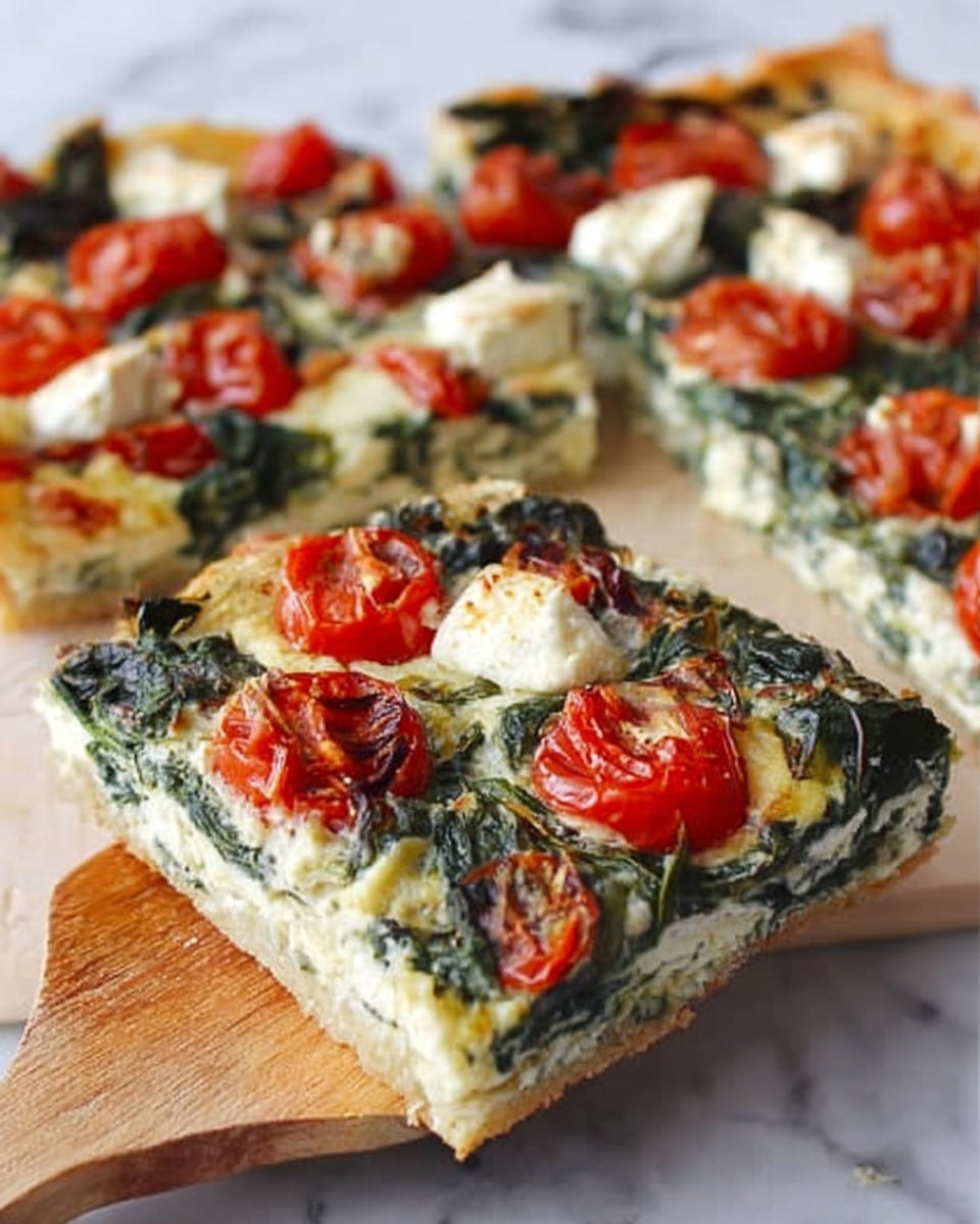 The image shows a rectangular slice of vegetable pizza on a wooden spatula, with more slices in the background on a white marbled surface. The pizza has three visible layers: the bottom is a thin, light brown crispy crust, the middle layer is a creamy white cheese mixed with fresh, wilted dark green spinach leaves, and the top layer is bright red cherry tomatoes, some of which are halved and roasted, with scattered soft white cheese dollops. The surface looks slightly shiny, suggesting the cheese is melted, and there is a woman's hand holding the spatula lifting the slice. Photo taken with an iphone --ar 4:5 --v 7