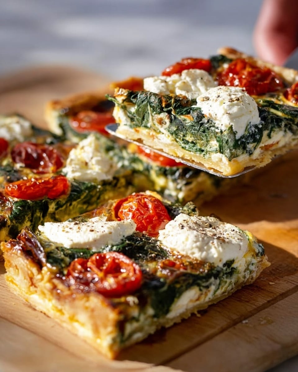 The image shows three square slices of vegetable tart on a wooden surface with a white marbled background. The tart has a layered look starting with a golden, crispy crust at the bottom, topped with a layer of cooked green spinach leaves. On top of the spinach, there are bright red cherry tomato halves and irregular white goat cheese dollops scattered across each slice. The cheese is soft and slightly melted, with some black pepper sprinkled on it. A woman's hand is holding a spatula lifting one slice toward the front, showing the tart’s thickness and texture. The whole scene has warm, natural lighting highlighting the fresh ingredients. photo taken with an iphone --ar 4:5 --v 7