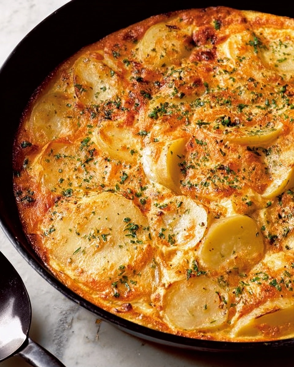 A close-up view of a round black pan filled with a dish made of thick golden-brown baked egg mixture. Large soft potato slices with pale yellow centers and light browning appear spread throughout the top, partially submerged in the egg. The surface is textured with small green herb bits sprinkled evenly across, with some darker browned spots showing crispiness. The pan rests on a white marbled surface, and a black spoon handles the edge of the pan from the left side. photo taken with an iphone --ar 4:5 --v 7