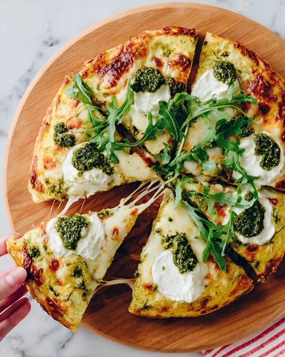 The image shows a pizza with a thin, golden-brown crust laid on a round wooden board, placed on a white marbled surface. The pizza has three main layers: the bottom layer is melted, light golden cheese covering the crust; the second layer consists of dollops of white creamy cheese spread evenly around the edges; the top layer includes green pesto sauce blobs on top of the white cheese, and fresh, dark green arugula leaves scattered mainly in the center. One pizza slice is partially pulled out by a woman's hand, showing gooey melted cheese stretching between the slice and the pizza. The photo taken with an iphone --ar 4:5 --v 7