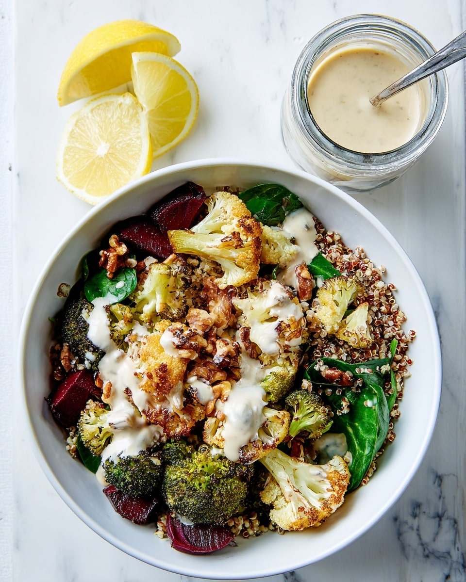 A white bowl sits on a white marbled surface, filled with several colorful layers of food. The base is a grain layer with a brown texture, topped with green spinach leaves scattered unevenly. On top are roasted cauliflower and broccoli pieces, showing a mix of white, light brown char, and dark green shades. There are coarse, deep red beet chunks around the vegetables, and small walnut pieces sprinkled across the bowl. A light creamy sauce is drizzled over the top, adding a smooth texture, and two lemon wedges sit on the side of the bowl. Next to the bowl, there is a small clear jar filled with a similar creamy sauce. photo taken with an iphone --ar 4:5 --v 7