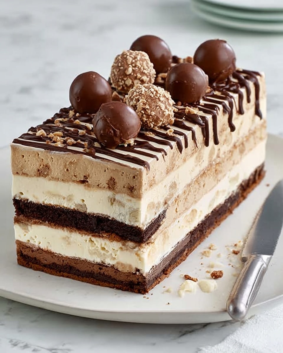 This image shows a rectangular layered dessert with five visible layers inside. Starting from the bottom, there is a creamy white layer with a smooth texture, followed by a thin dark chocolate layer. Above that is a light brown layer that looks like soft cake or mousse, topped by another thin dark chocolate layer. The next layer is a thick creamy beige layer with a silky look. The top is decorated with a drizzle of dark chocolate syrup and several round chocolate balls, some whole and some cut in half showing a crunchy inside, all placed on a white plate. The dessert sits on a white marbled surface, and there is a knife nearby on the right. Photo taken with an iphone --ar 4:5 --v 7