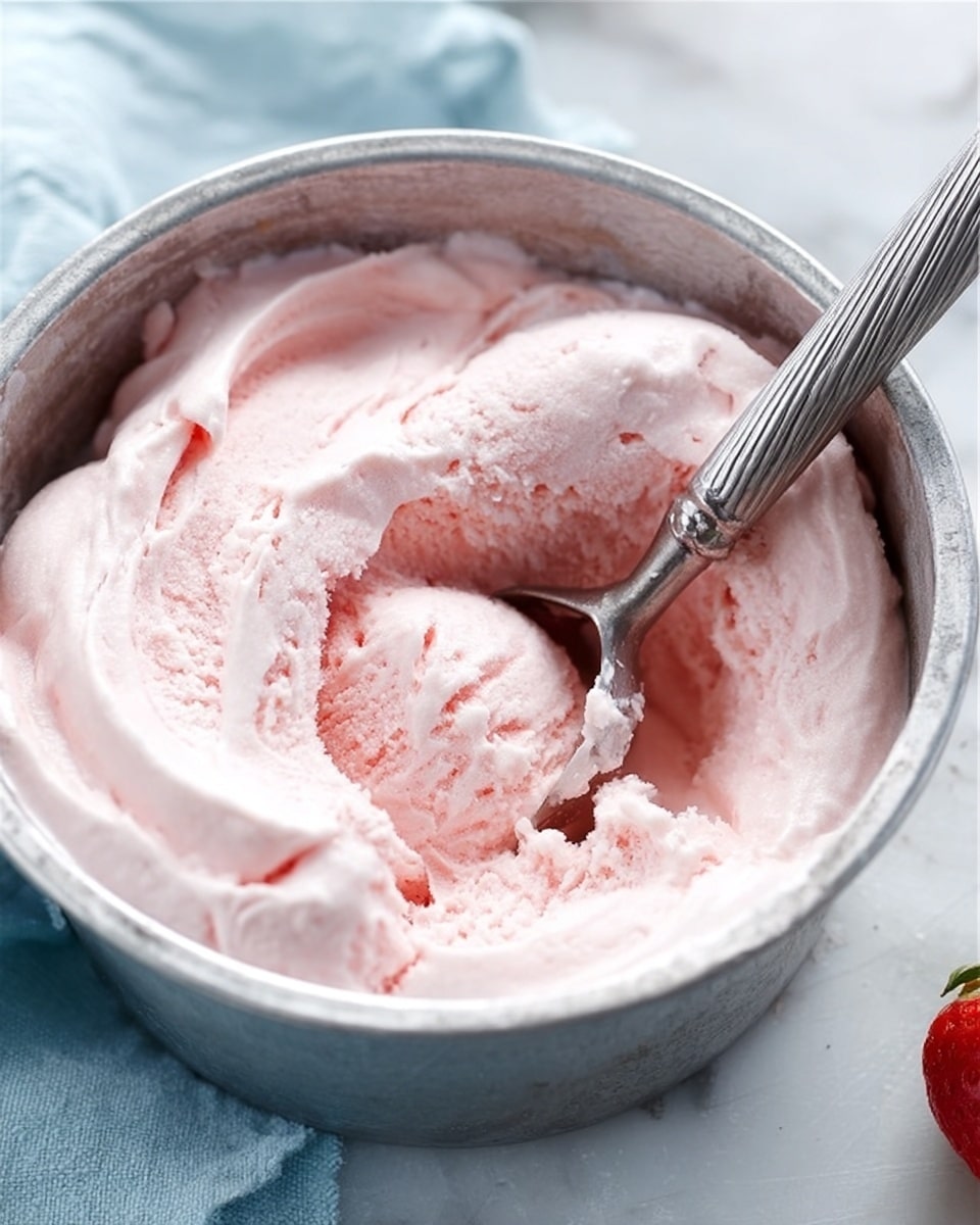 A close-up image of a metal bowl filled with pale pink creamy ice cream that looks smooth and softly textured, with a slight scoop taken out. A silver spoon with ridged handle is resting inside the bowl, slightly sunk into the ice cream. The bowl sits on a white marbled surface with a light blue cloth nearby and a small part of a red strawberry visible on the side. The lighting is soft and natural, highlighting the delicate color and creamy texture of the dessert. photo taken with an iphone --ar 4:5 --v 7