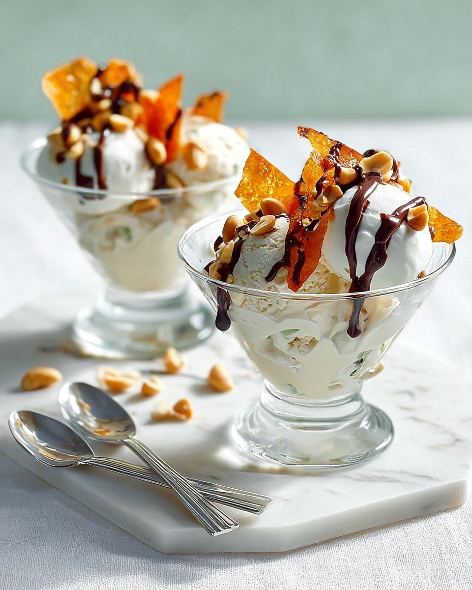 Two clear glass dessert bowls sit on a white marbled surface, each filled with three visible layers: a bottom layer of creamy pale vanilla ice cream with small green flecks, a middle layer of smooth white whipped cream, and a top decoration of crisp orange caramelized shards with whole light brown peanuts scattered around and drizzled with dark brown chocolate sauce. Two silver spoons lay crisscrossed in front of the bowls. The lighting is soft and natural, highlighting the textures and colors distinctly. Photo taken with an iphone --ar 4:5 --v 7